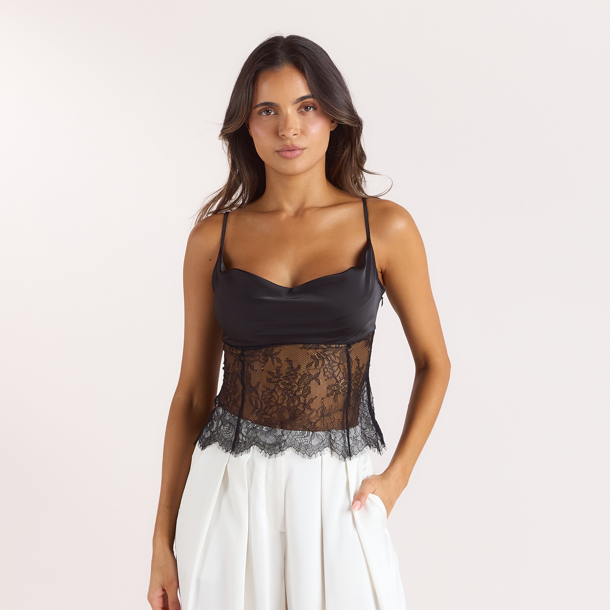 Satijnen Cami Top met Col | Satijnen Cami Top met Col - Zwart
