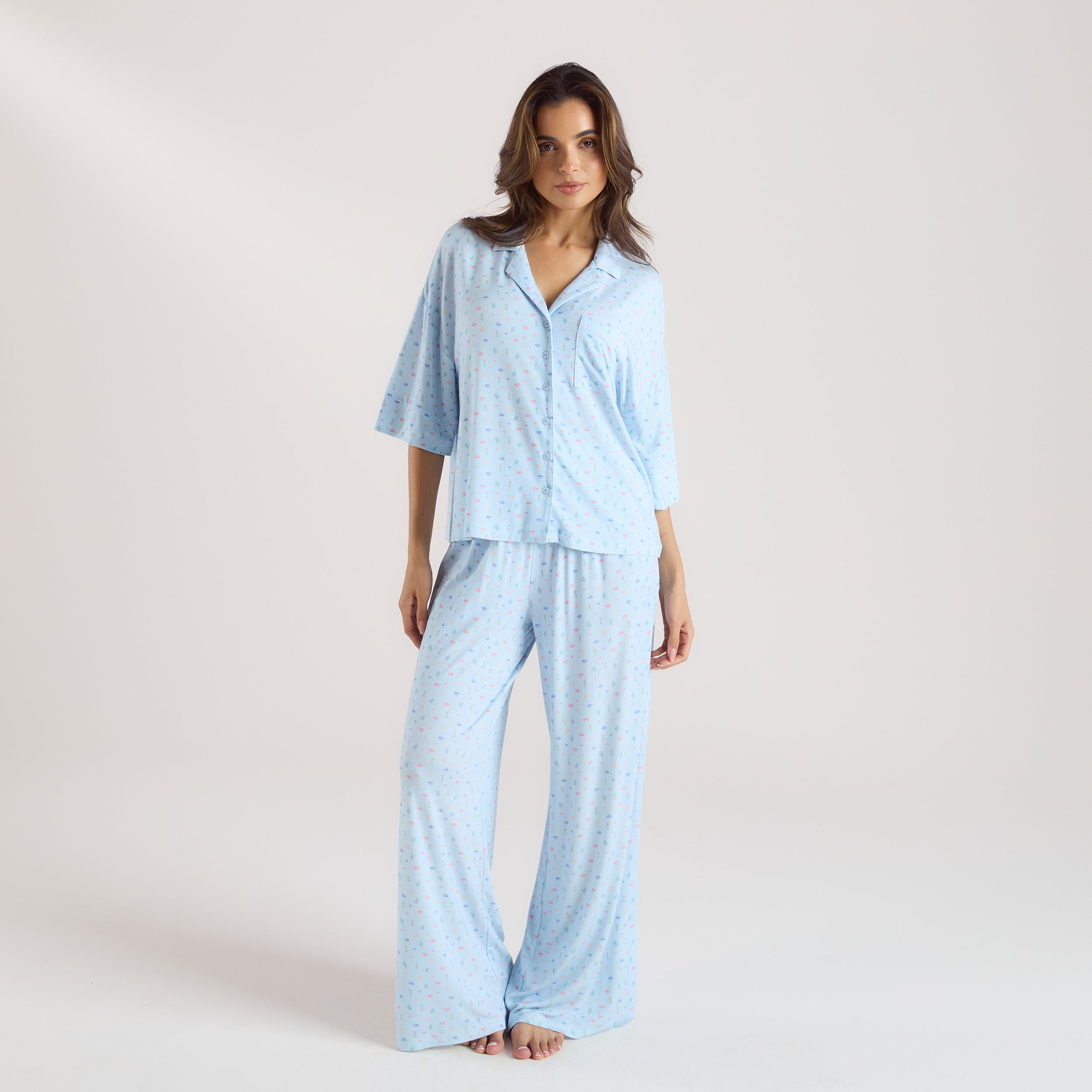 Modal Pyjamashirt met Korte Mouwen | Modal Pyjamashirt met Korte Mouwen - Blauwe Bloemenprint