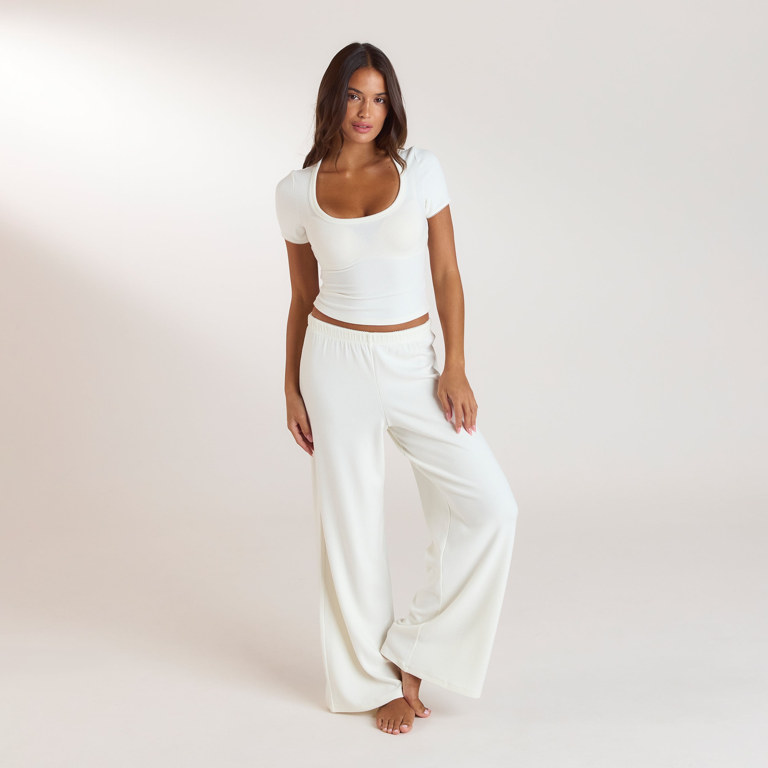 Ribbed Pyjama Top met korte mouwen | Ribbed Pyjama Top met korte mouwen - Crème