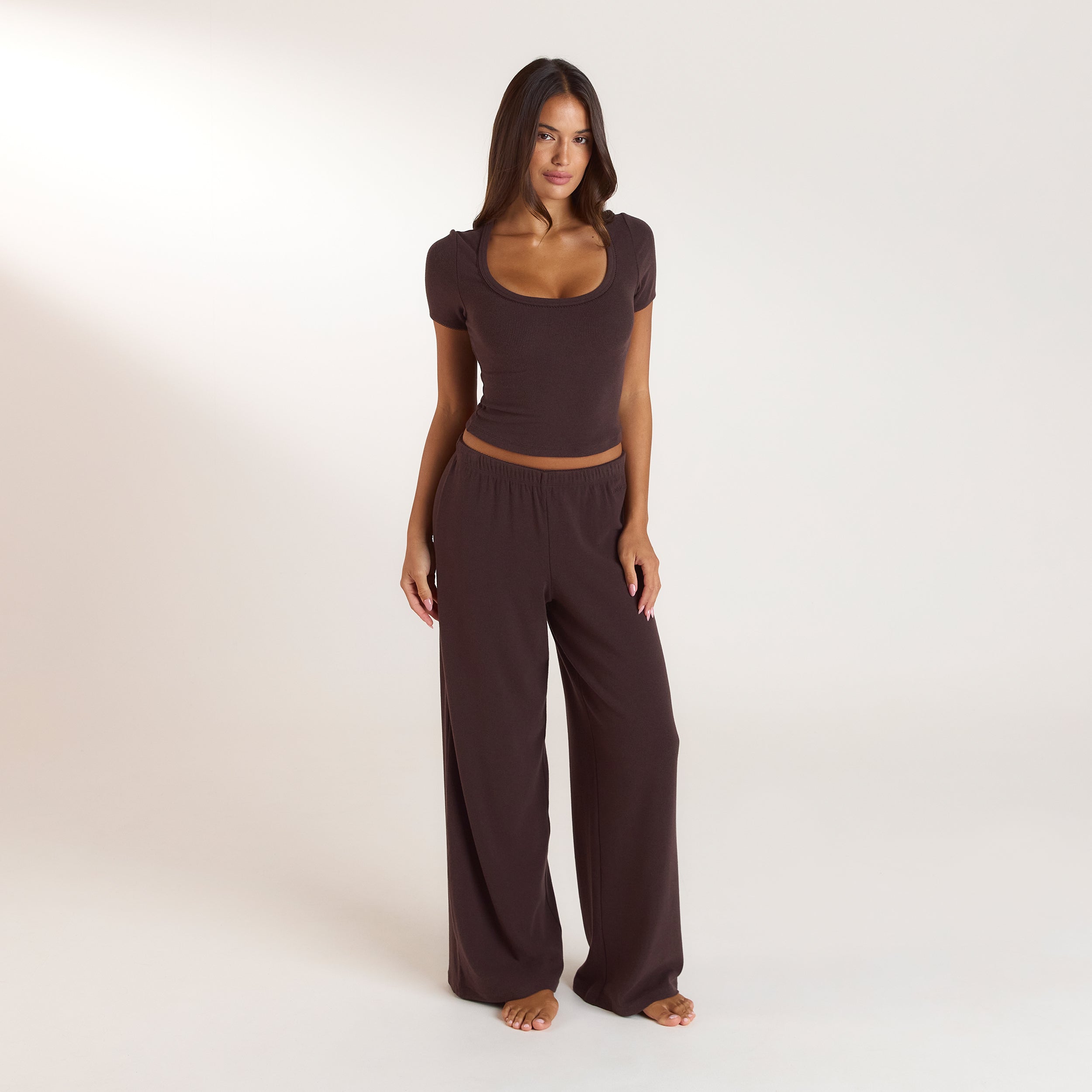 Ribbed Pyjama Top met korte mouwen - Donker Chocoladekleurig alternate