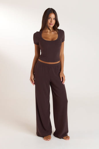 Ribbed Pyjama Top met korte mouwen - Donker Chocoladekleurig alternate
