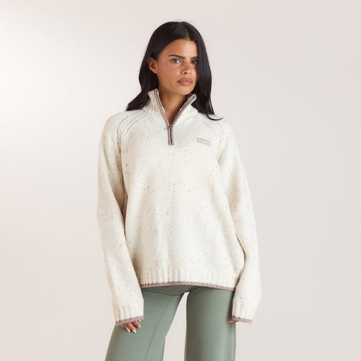 Gebreide wollen jumper met kwartrits - Crème alternate