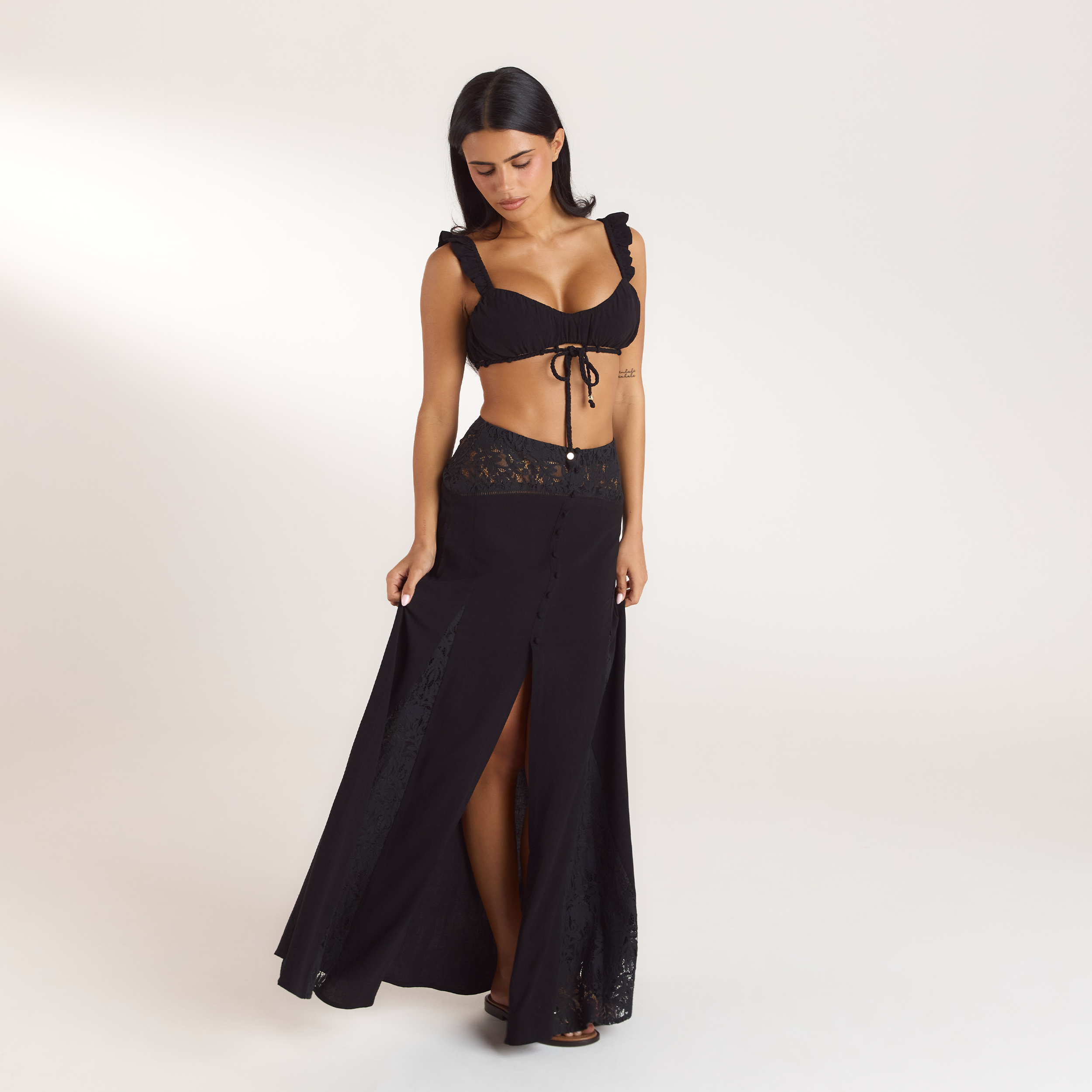 Maxi-rok met kant | Maxi-rok met kant - Zwart