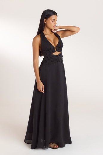 Maxi-jurk van Tencel met ruches - Zwart