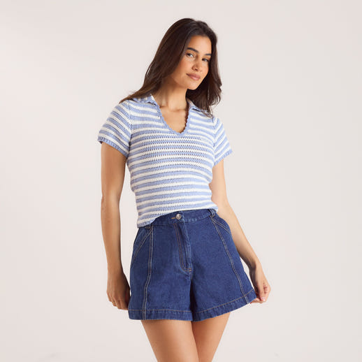 Gehaakte Polo Top - Blauw Stripe