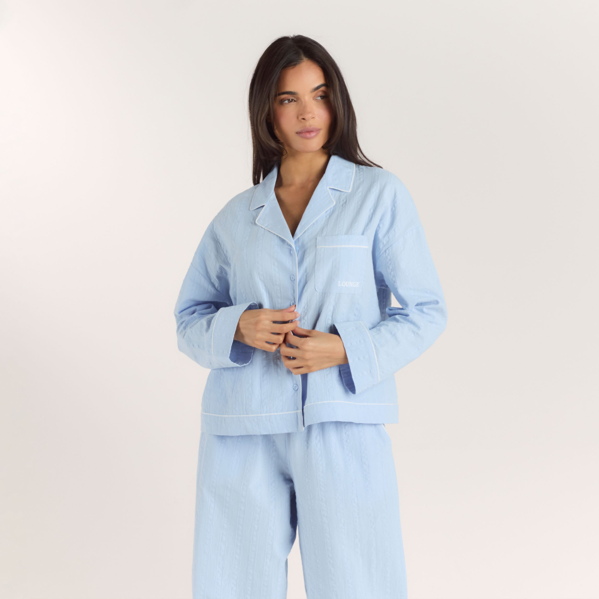 Textured Cotton Pyjama Shirt - Blauw