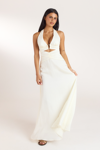 Maxi-jurk van Tencel met ruches - Crème