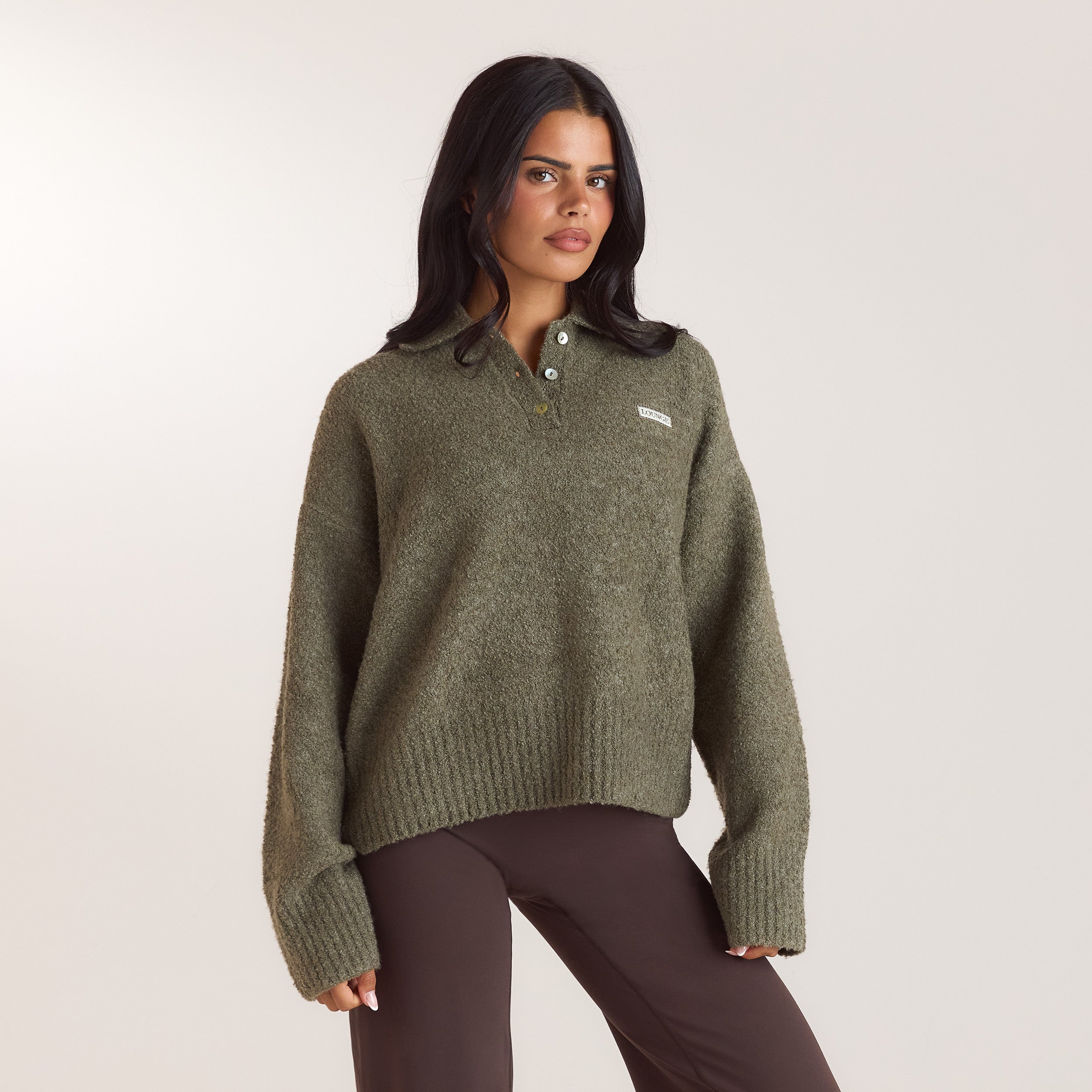 Bouclé-gebreide polo jumper | Bouclé-gebreide polo jumper - Kaki