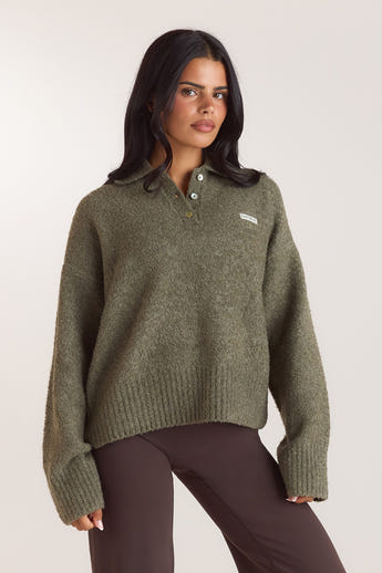 Bouclé-gebreide polo jumper - Kaki alternate