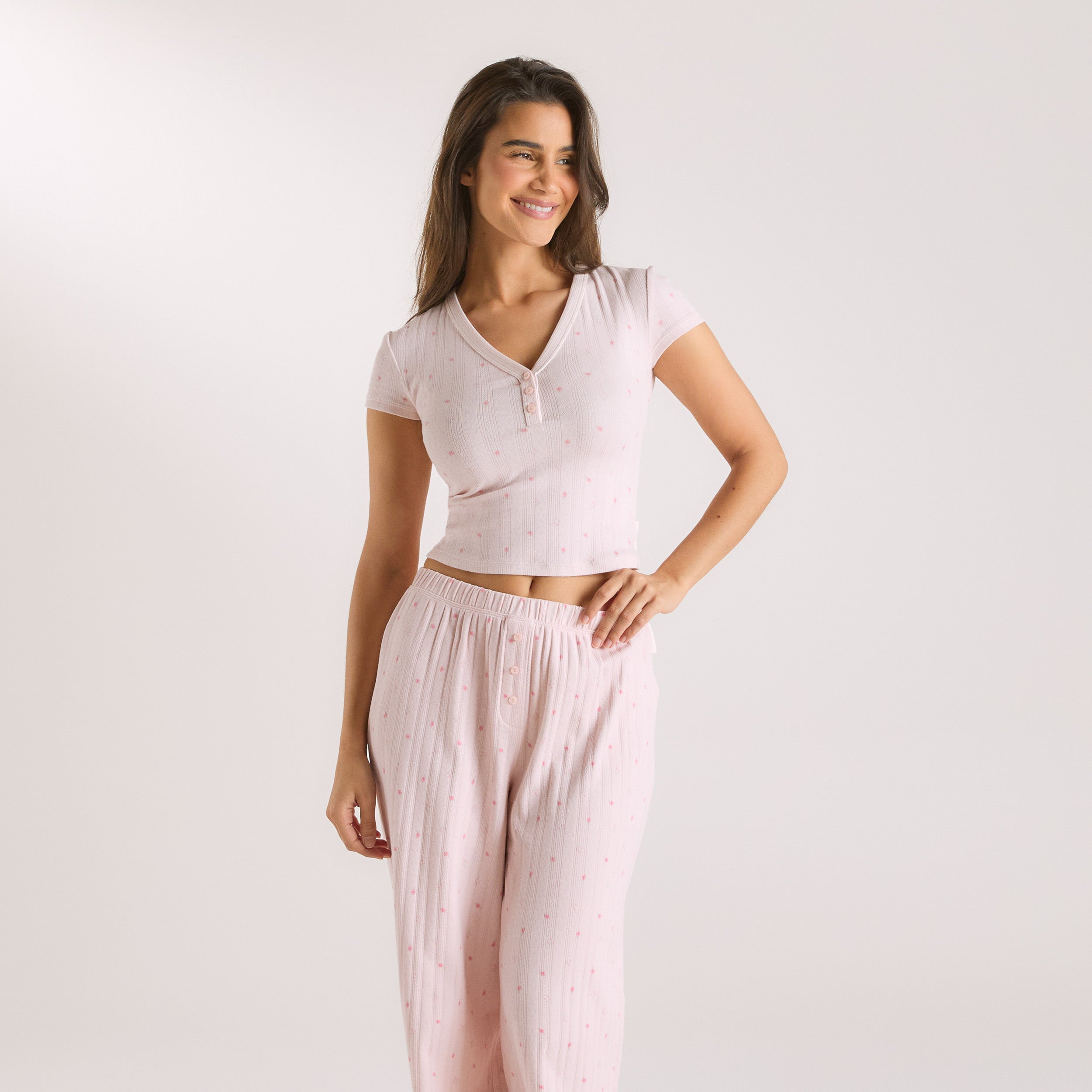 Pointelle Pyjama Top | Pointelle Pyjama Top - Roze Bloemenprint