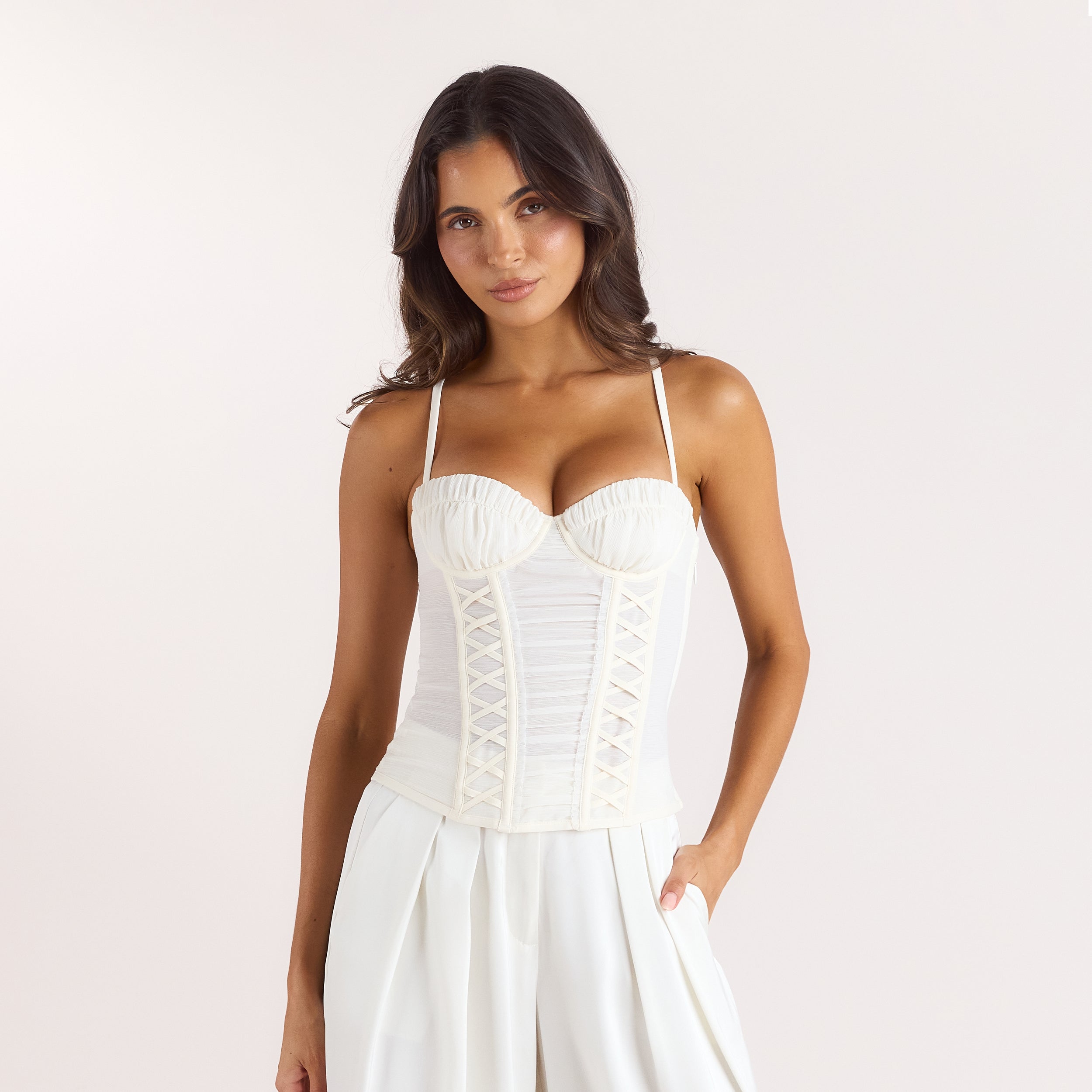 Ruched Sheer Corset Top - Crème