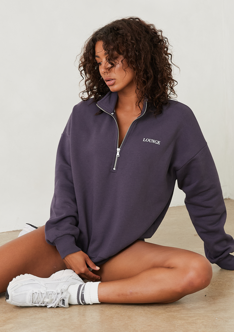 Essential Oversized Trui met Kwart Rits Rookblauw
