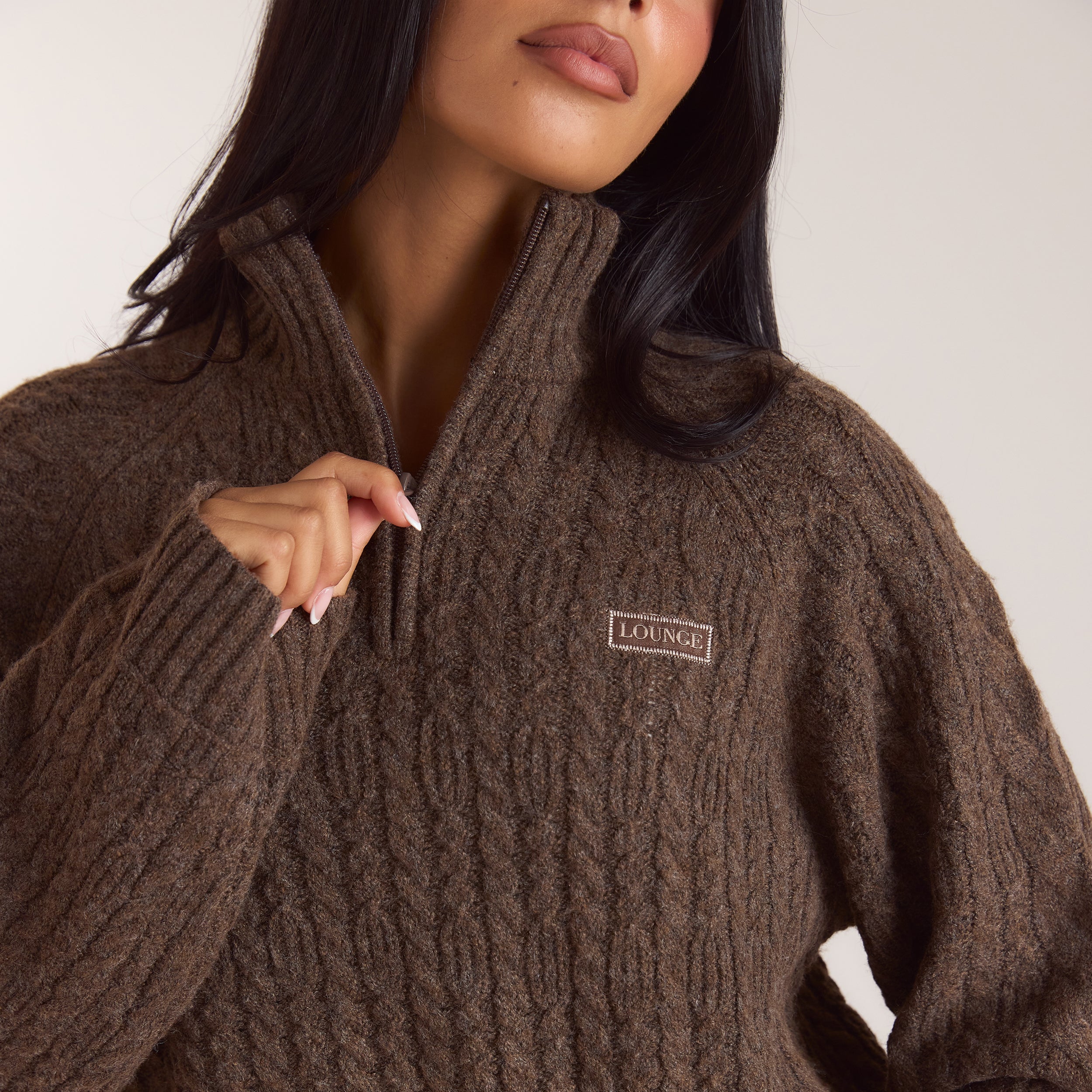 Jumper met gevlochten patroon en kwartrits | Jumper met gevlochten patroon en kwartrits - Taupe