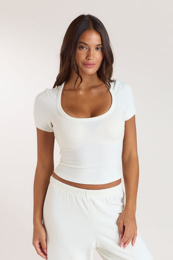 Ribbed Pyjama Top met korte mouwen - Crème