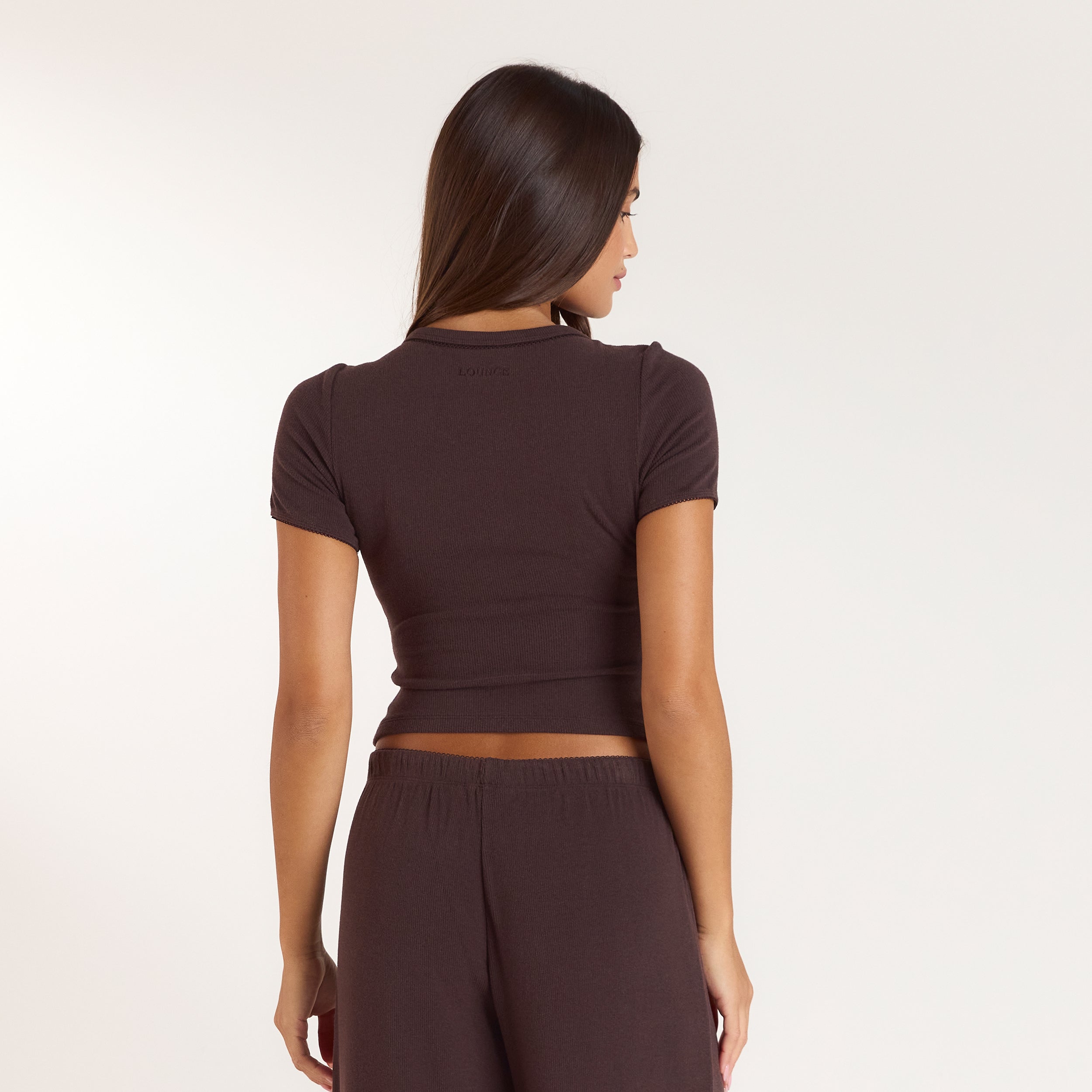 Ribbed Pyjama Top met korte mouwen | Ribbed Pyjama Top met korte mouwen - Donker Chocoladekleurig