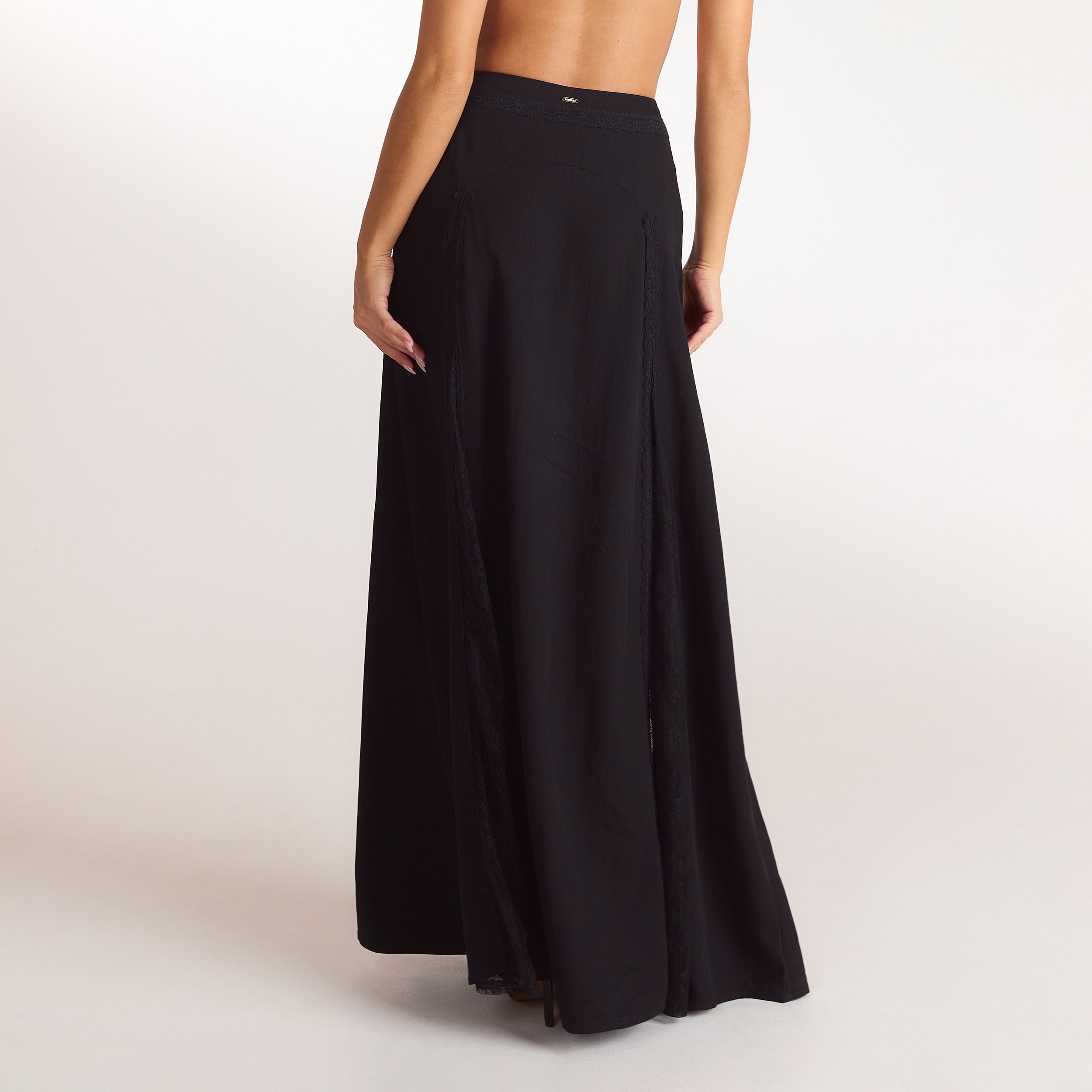 Maxi-rok met kanten inzetstukken | Maxi-rok met kanten inzetstukken - Zwart