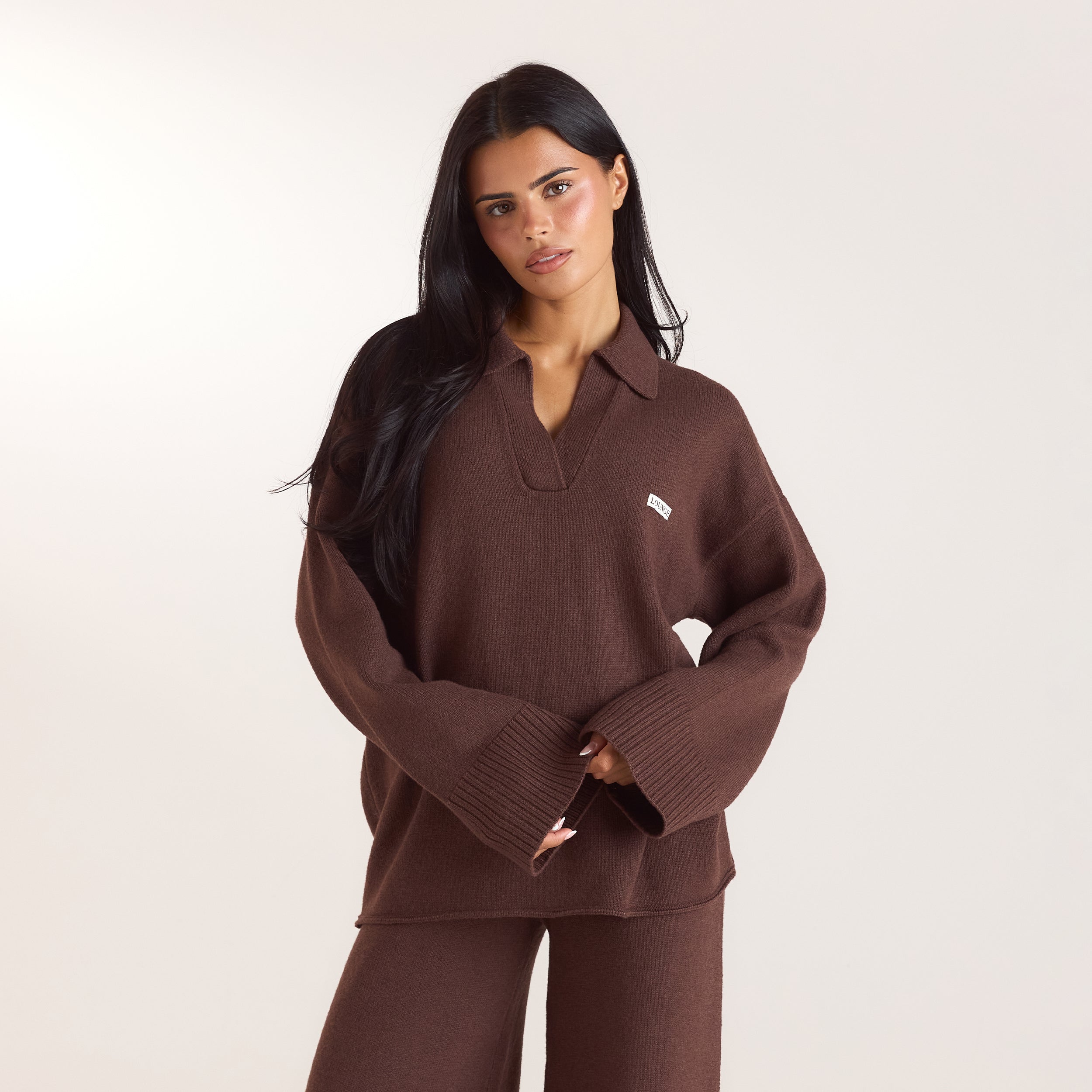 Gebreide jumper met halve sluiting | Gebreide jumper met halve sluiting - Chocolade