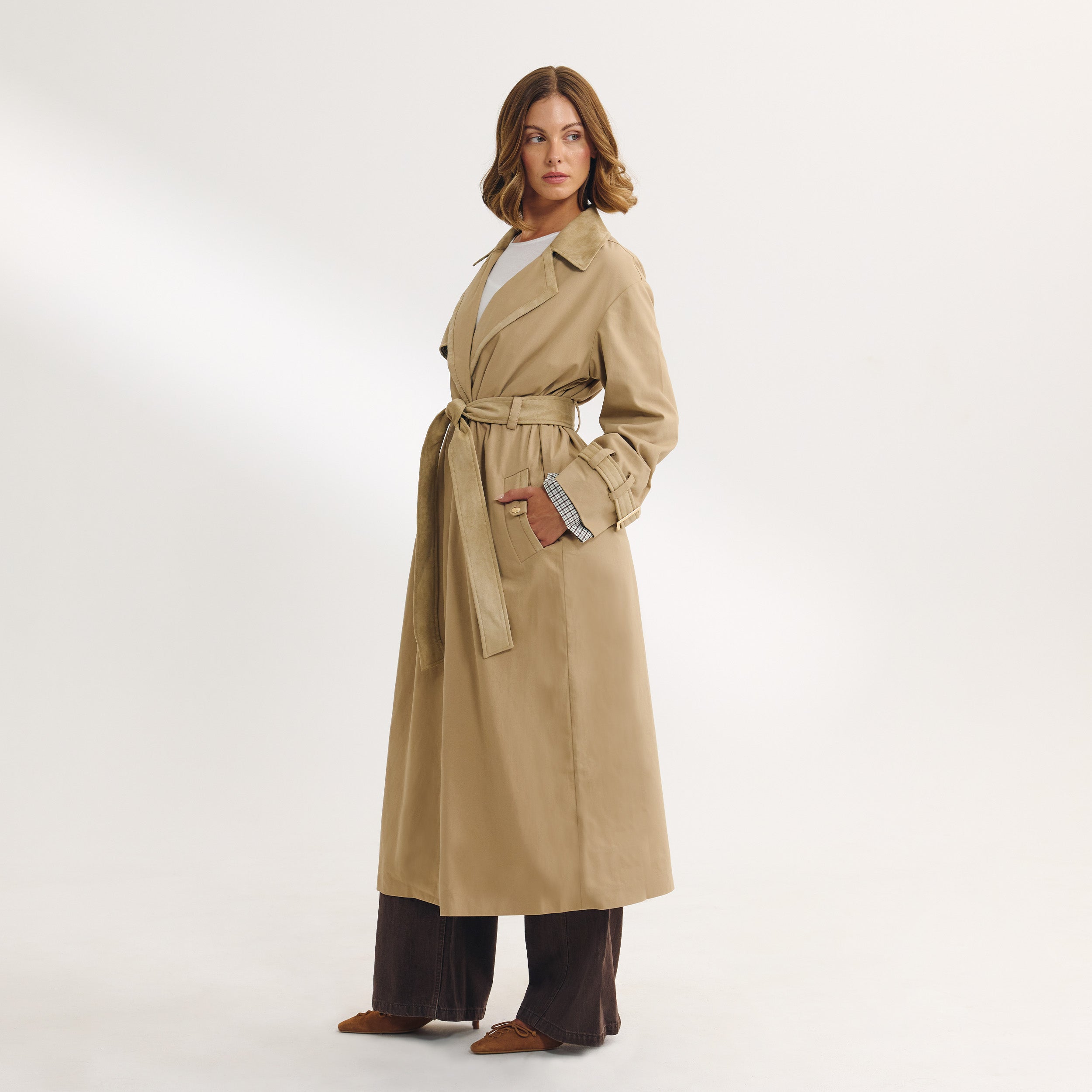 Suedette Trim Trenchcoat | Suedette Trim Trenchcoat - Zand