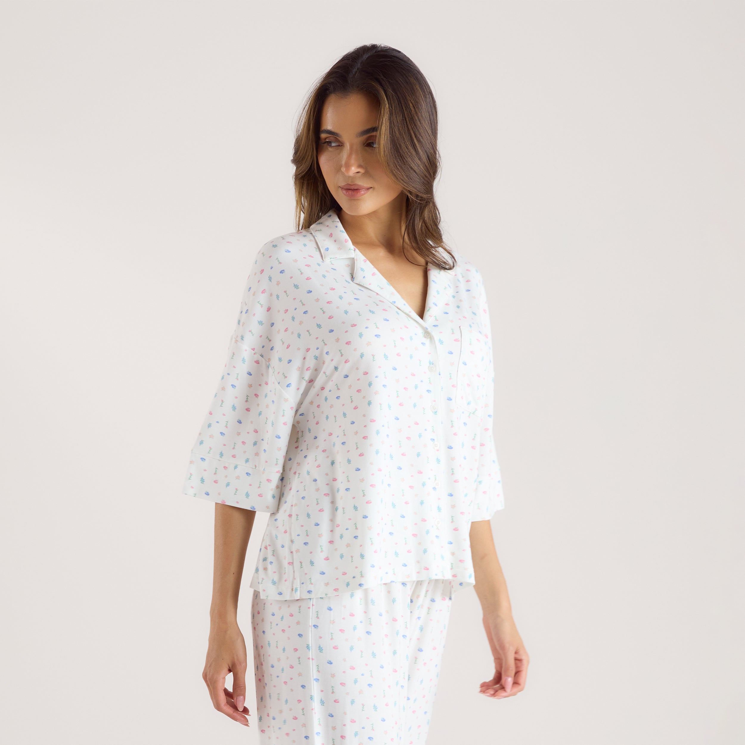 Modal Pyjamashirt met Korte Mouwen | Modal Pyjamashirt met Korte Mouwen - Witte Bloemenprint