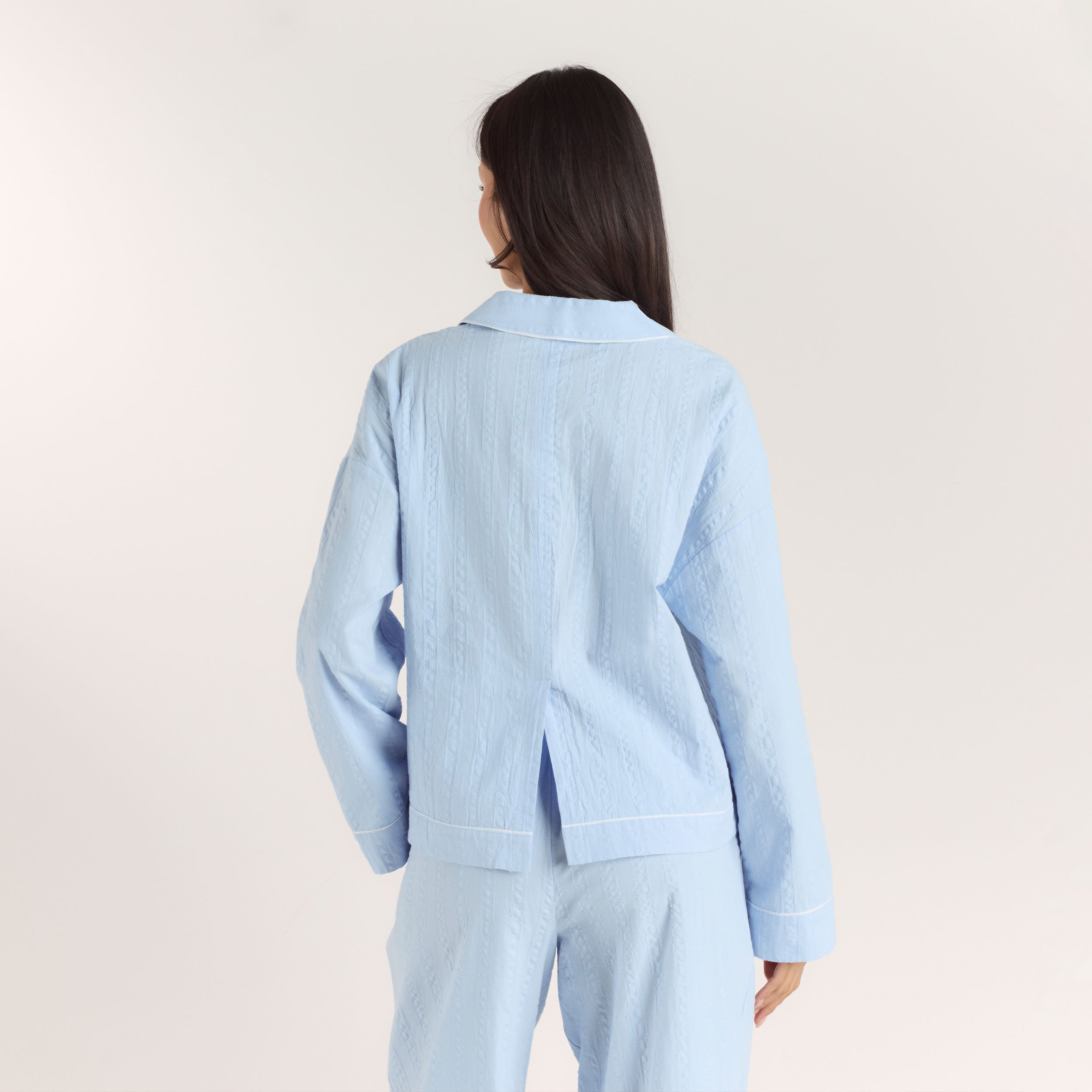 Textured Cotton Pyjama Shirt | Textured Cotton Pyjama Shirt - Blauw