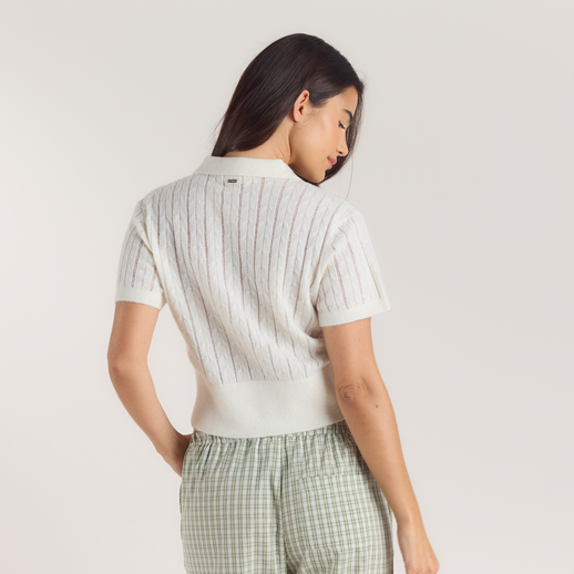 Sheer Gebreide Polo Top - Crème alternate