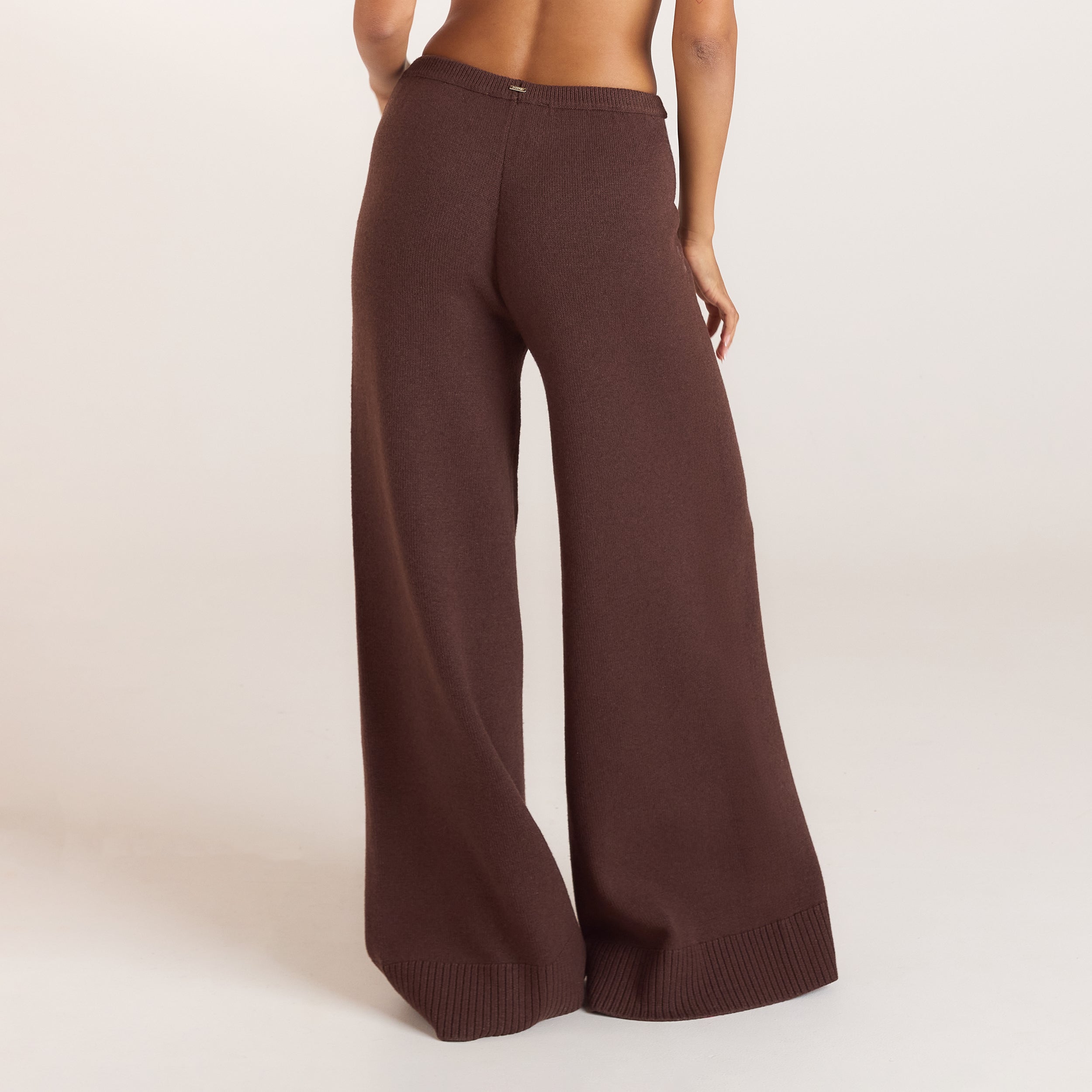 Gebreide broek met geribde zoom | Gebreide broek met geribde zoom - Chocolade