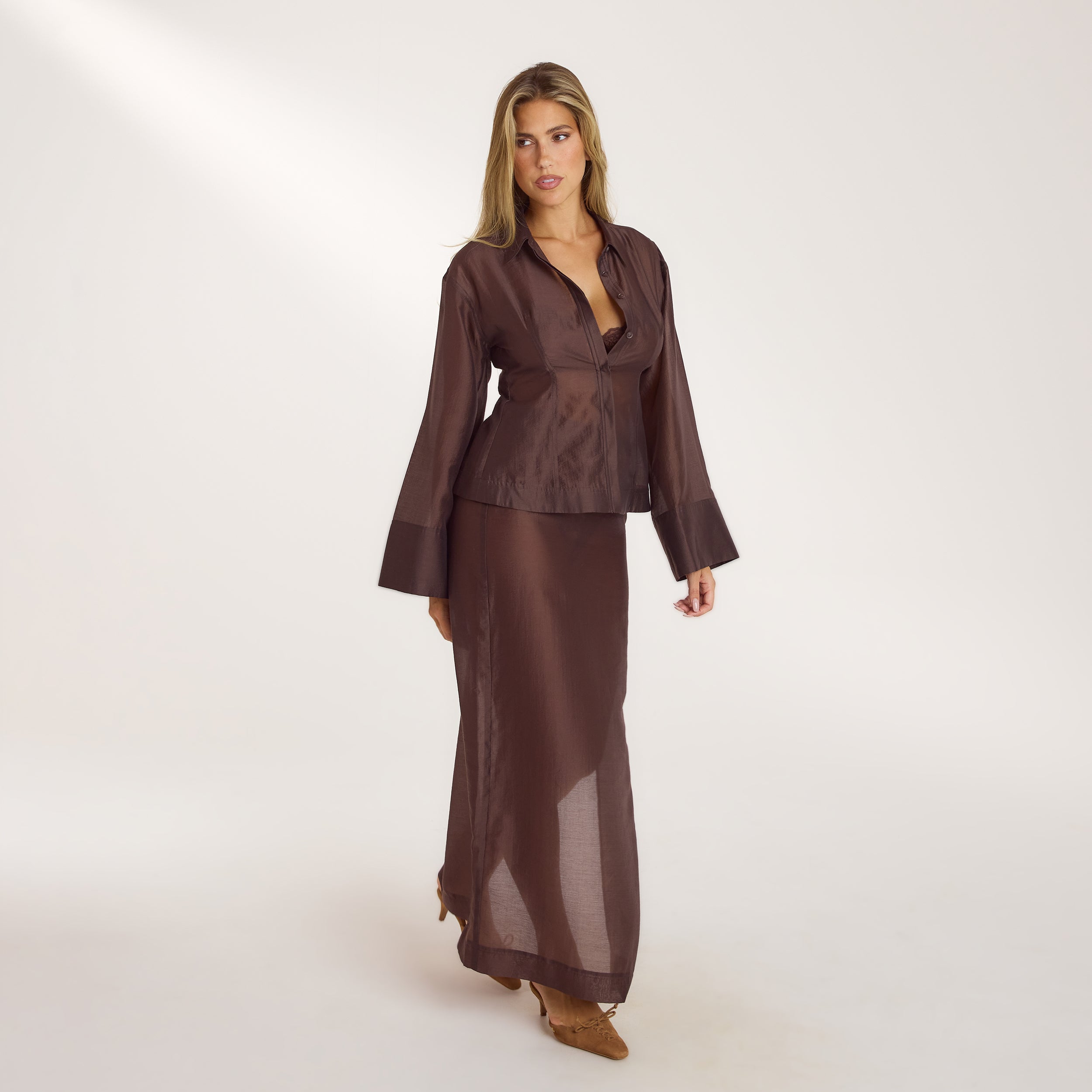 Getailleerd Sheer Shirt | Getailleerd Sheer Shirt - Chocolade