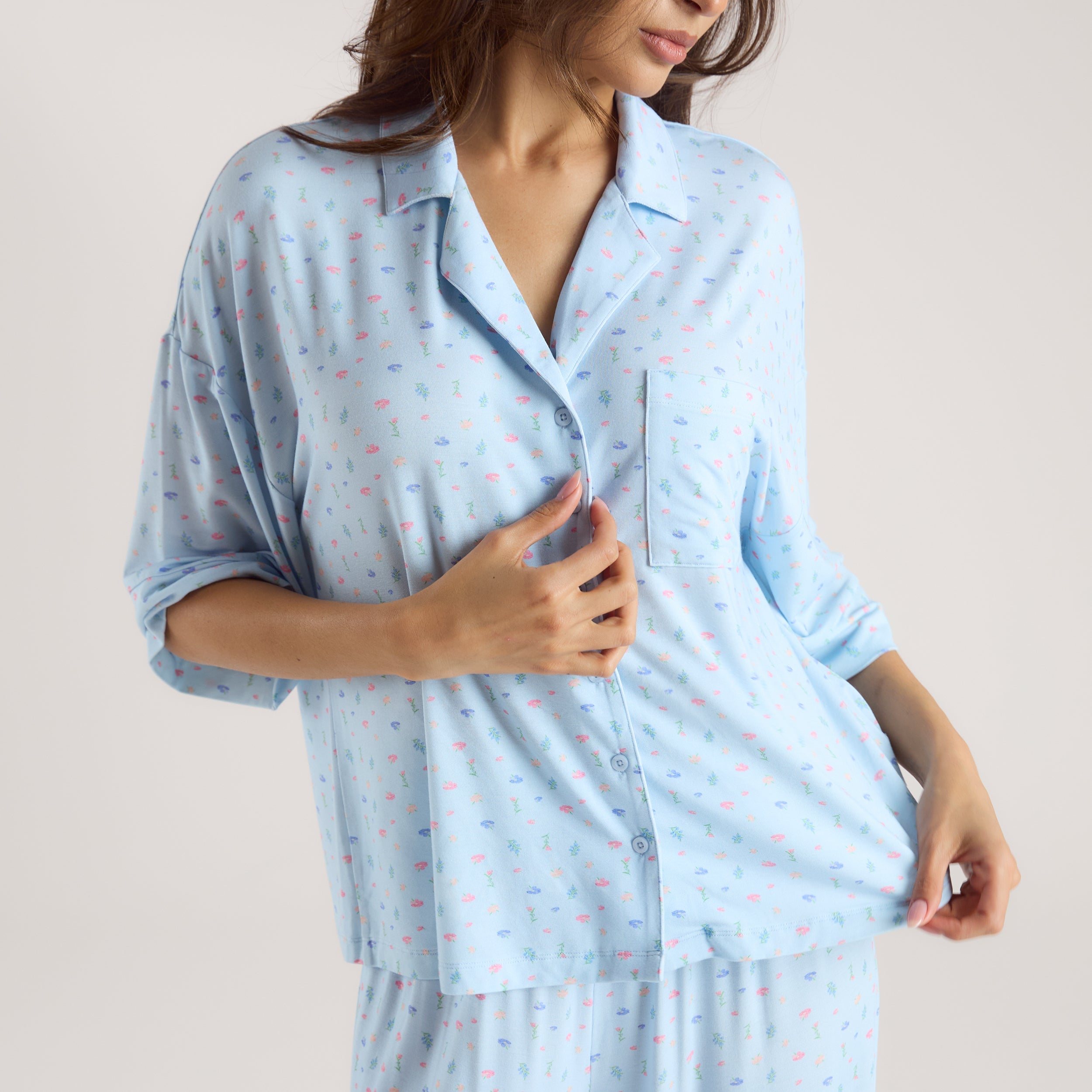Modal Pyjamashirt met Korte Mouwen | Modal Pyjamashirt met Korte Mouwen - Blauwe Bloemenprint