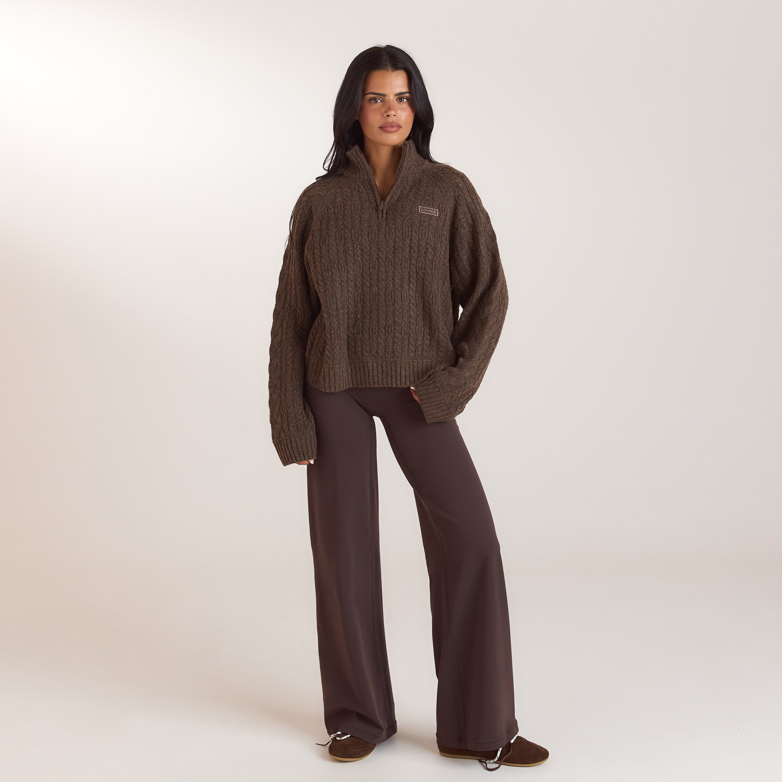 Jumper met gevlochten patroon en kwartrits | Jumper met gevlochten patroon en kwartrits - Taupe