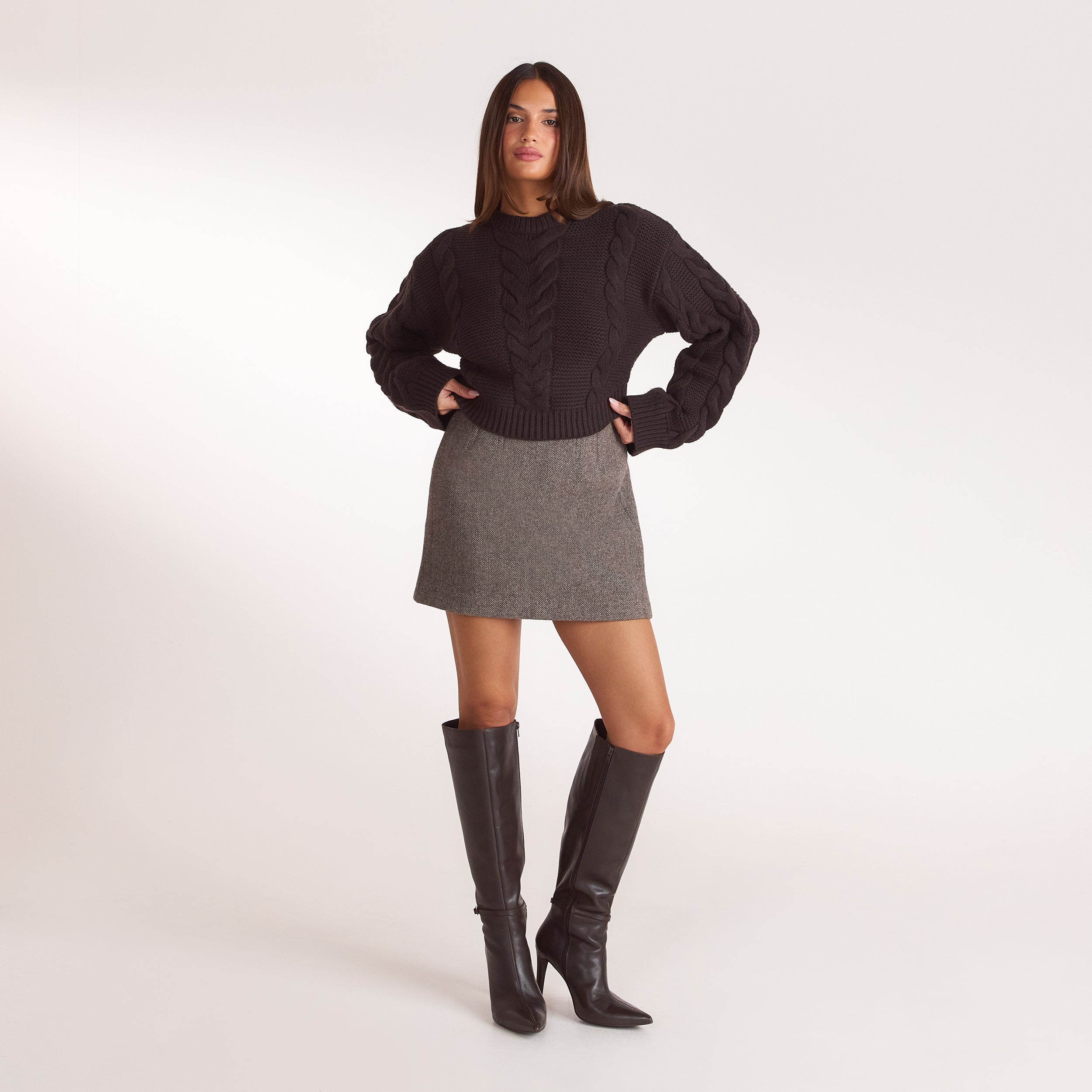 Cropped jumper met kabelsteek | Cropped jumper met kabelsteek - Donker Chocoladekleurig
