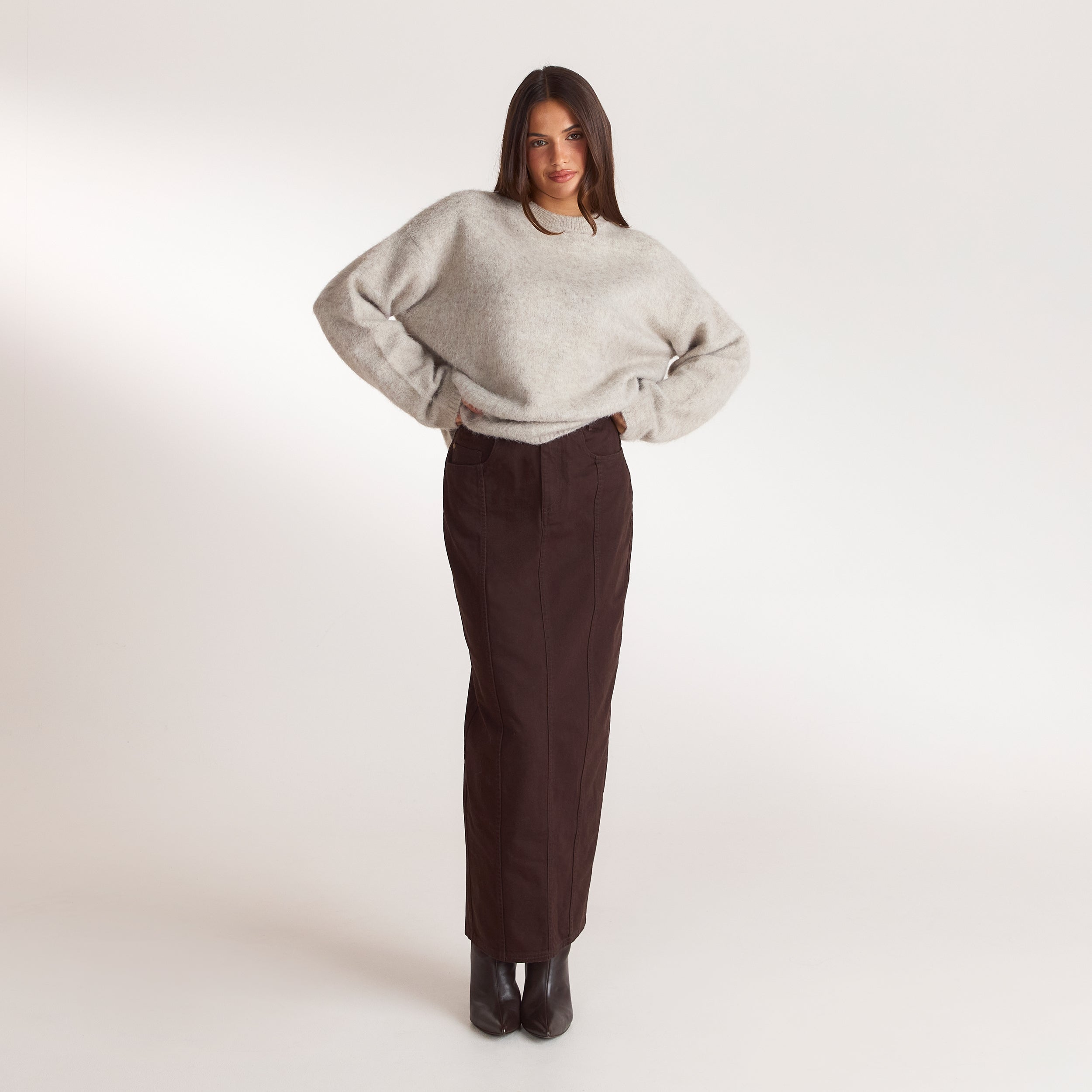 Denim kolom maxi-rok | Denim kolom maxi-rok - Chocolade