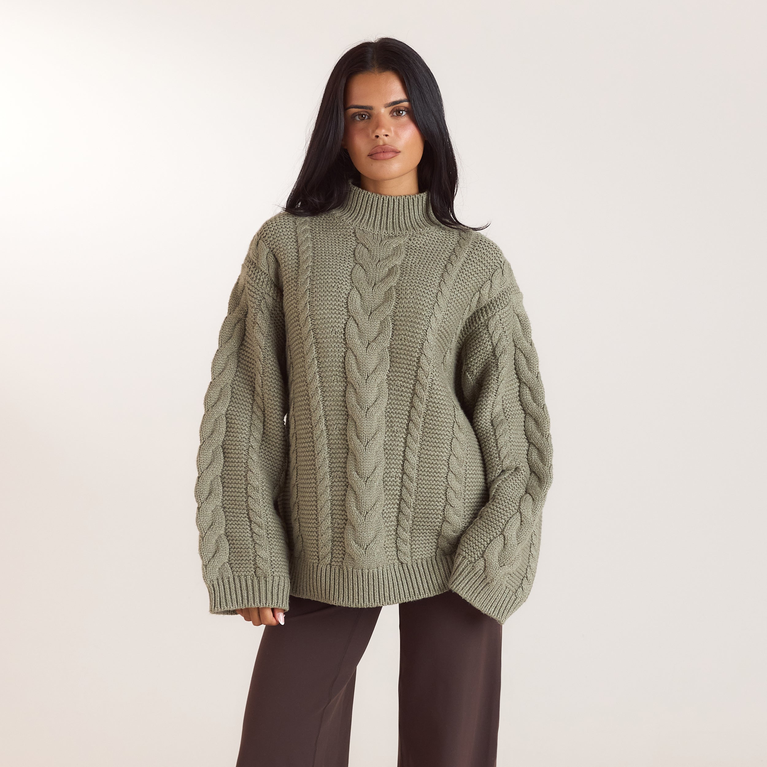 Oversized jumper met kabelsteek | Oversized jumper met kabelsteek - Olijf