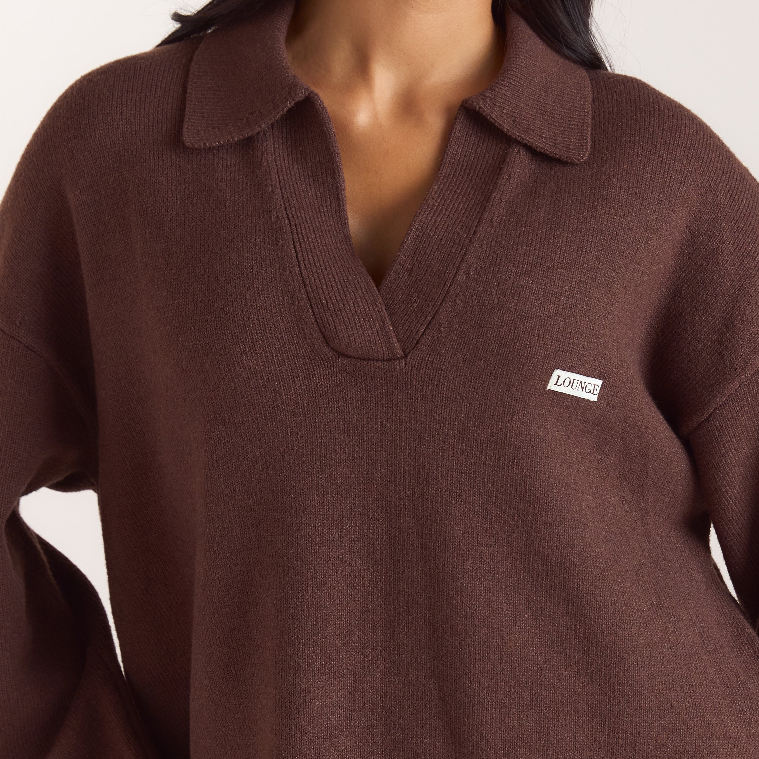 Gebreide jumper met halve sluiting | Gebreide jumper met halve sluiting - Chocolade
