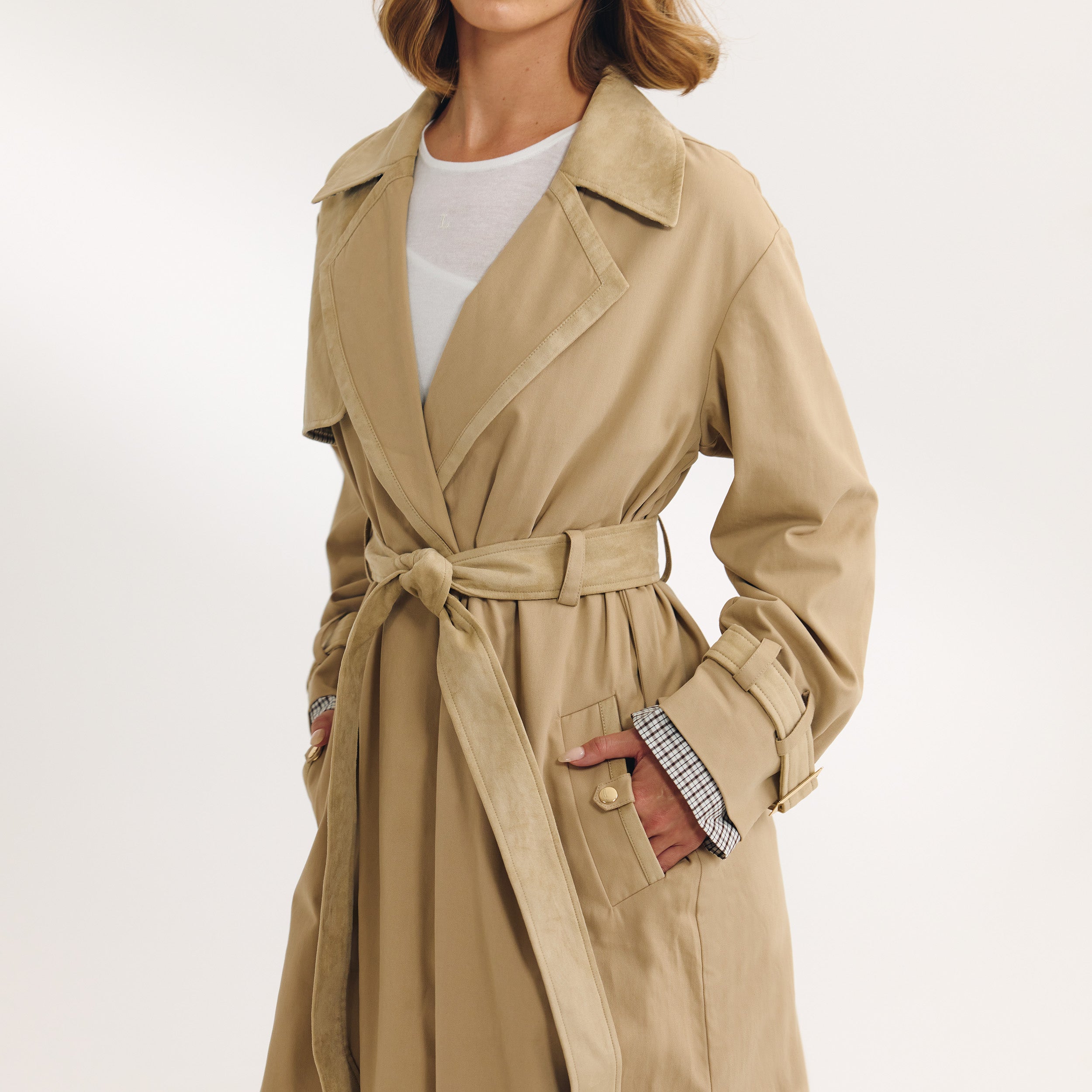 Suedette Trim Trenchcoat | Suedette Trim Trenchcoat - Zand