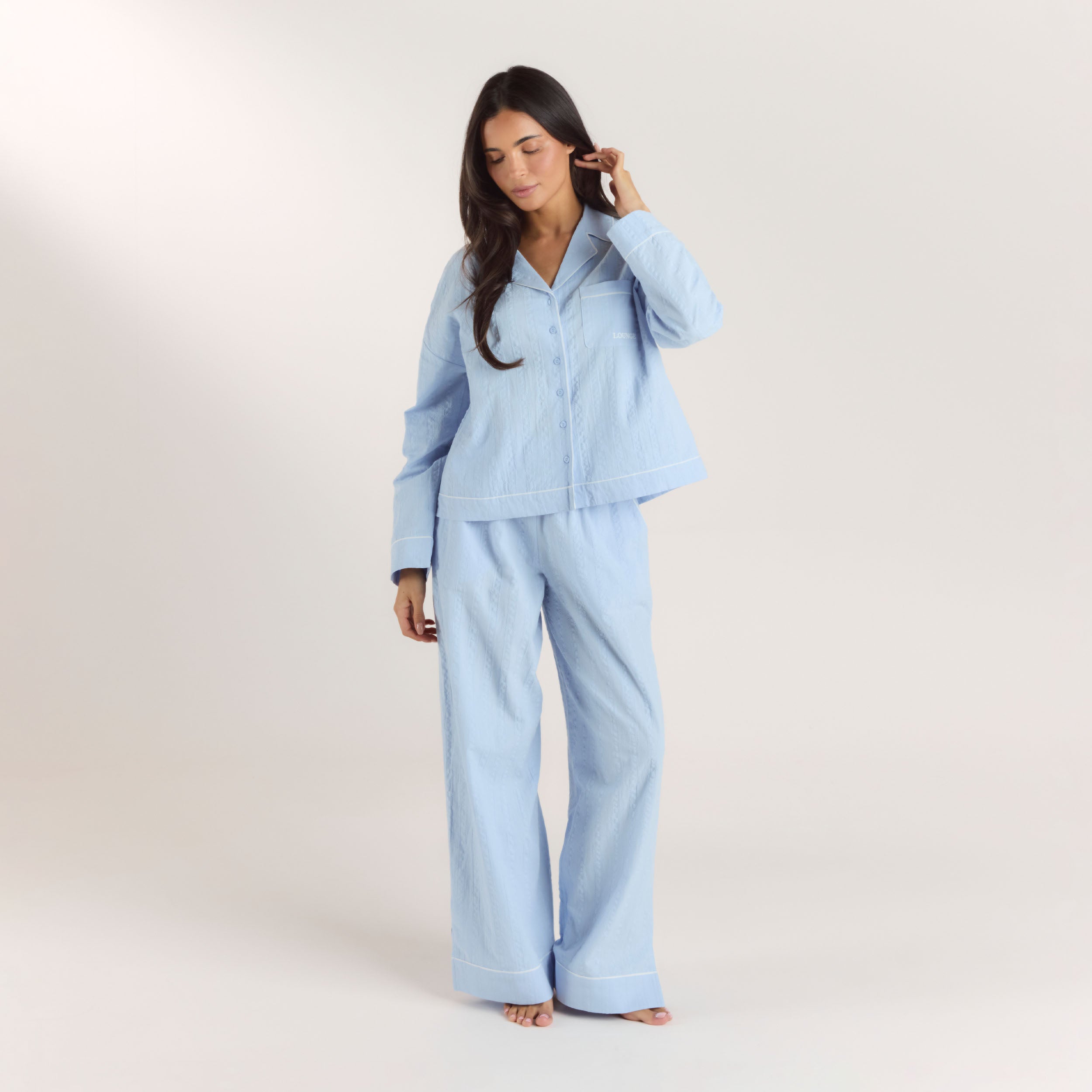 Textured Cotton Pyjama Shirt | Textured Cotton Pyjama Shirt - Blauw