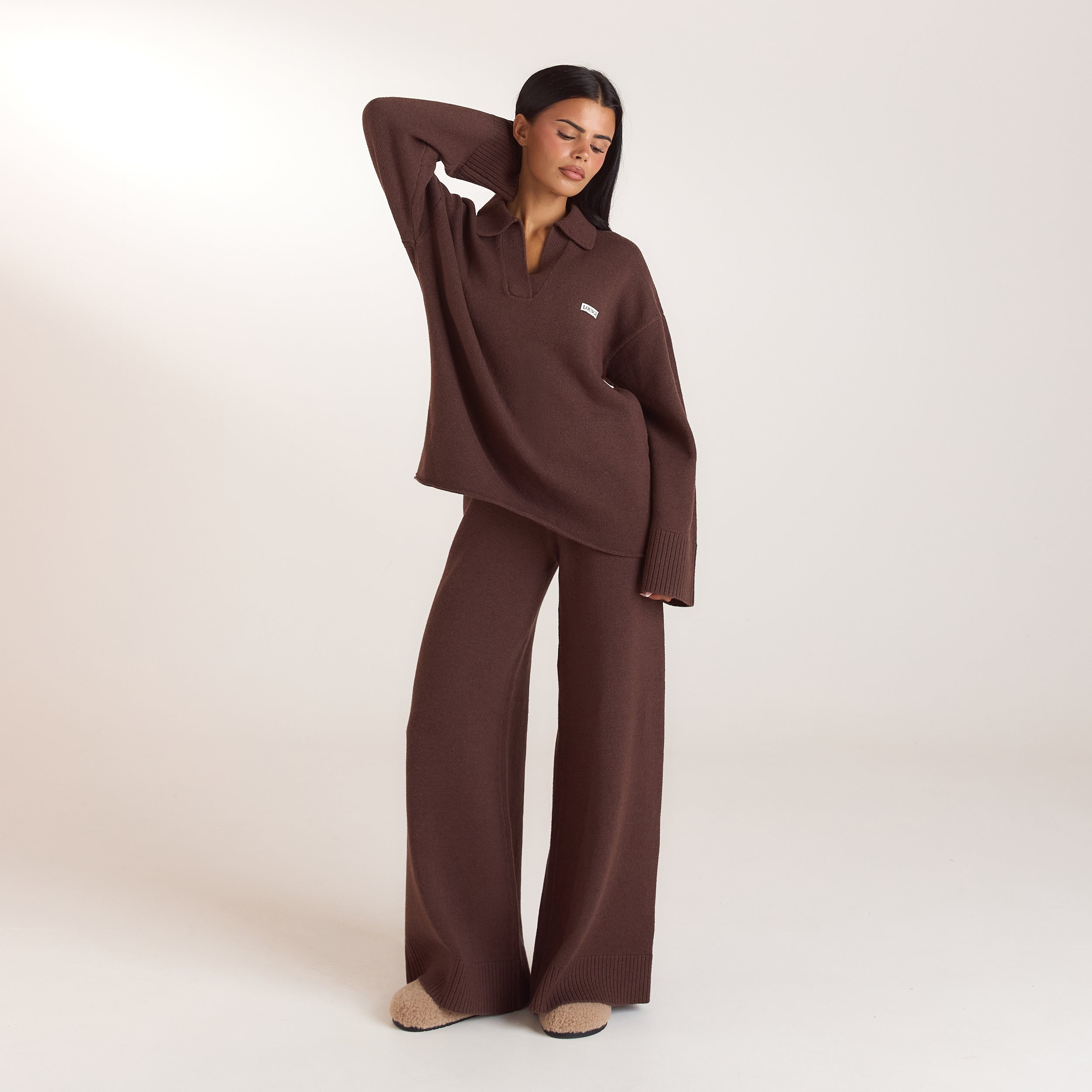Gebreide broek met geribde zoom | Gebreide broek met geribde zoom - Chocolade