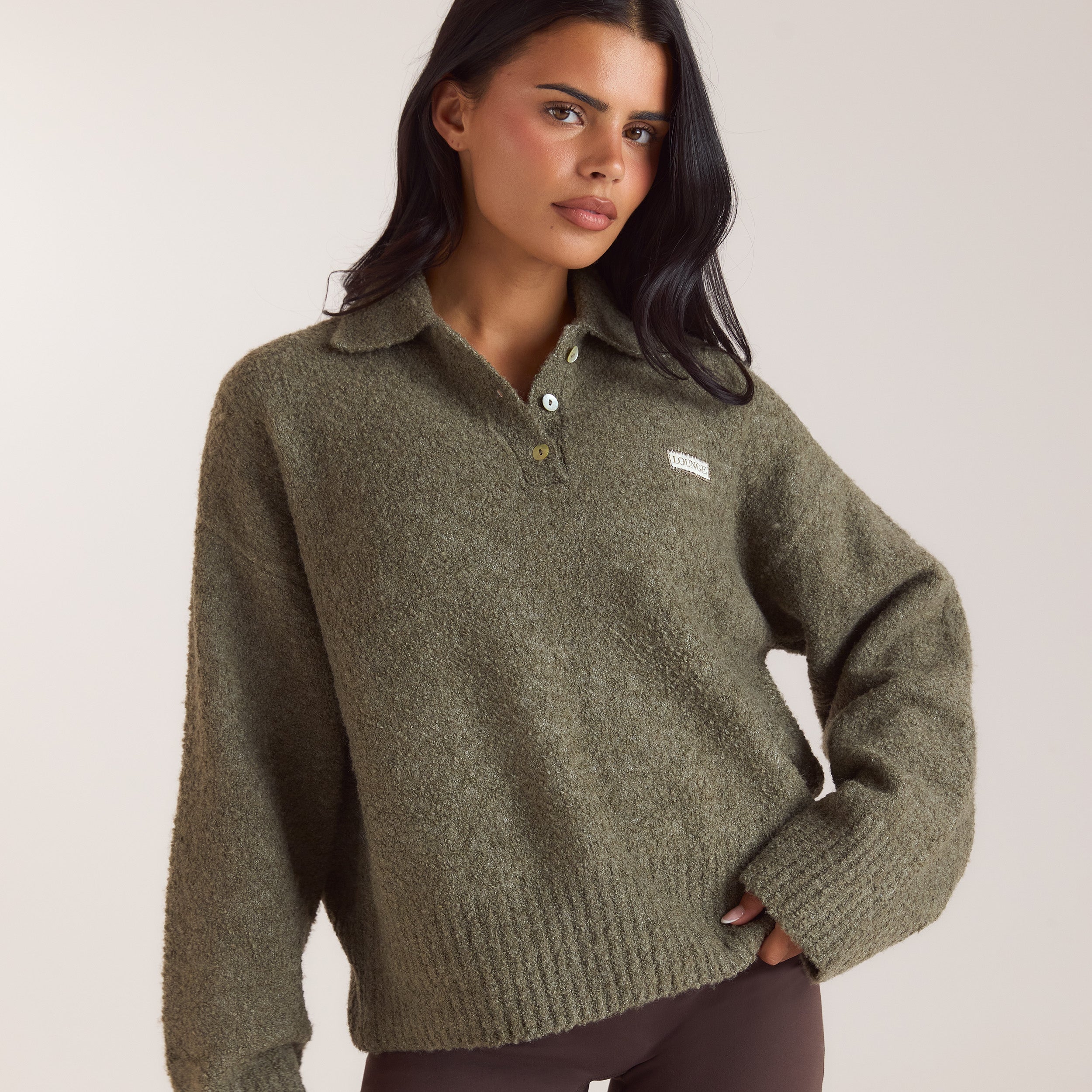 Bouclé-gebreide polo jumper | Bouclé-gebreide polo jumper - Kaki