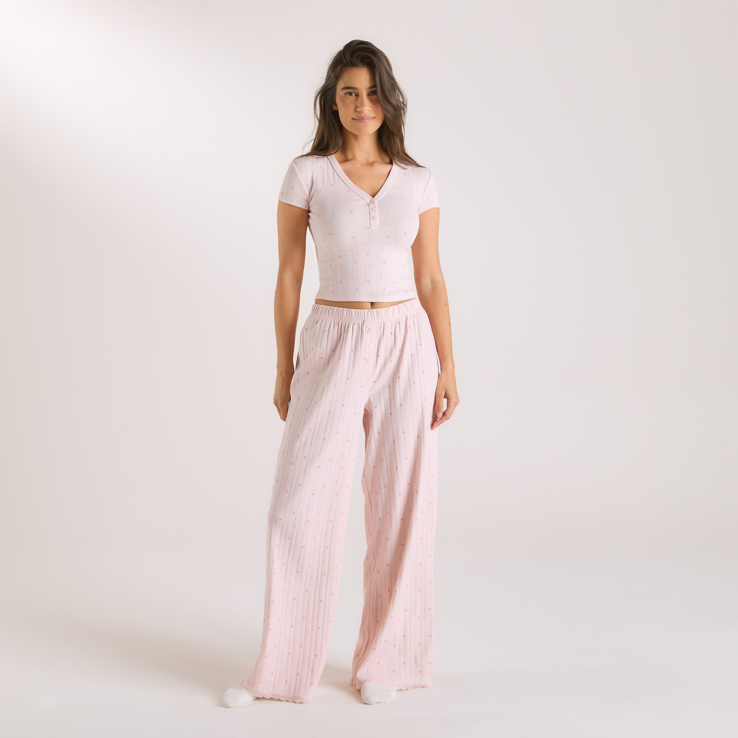 Pointelle Pyjama Broek | Pointelle Pyjama Broek - Roze Bloemenprint