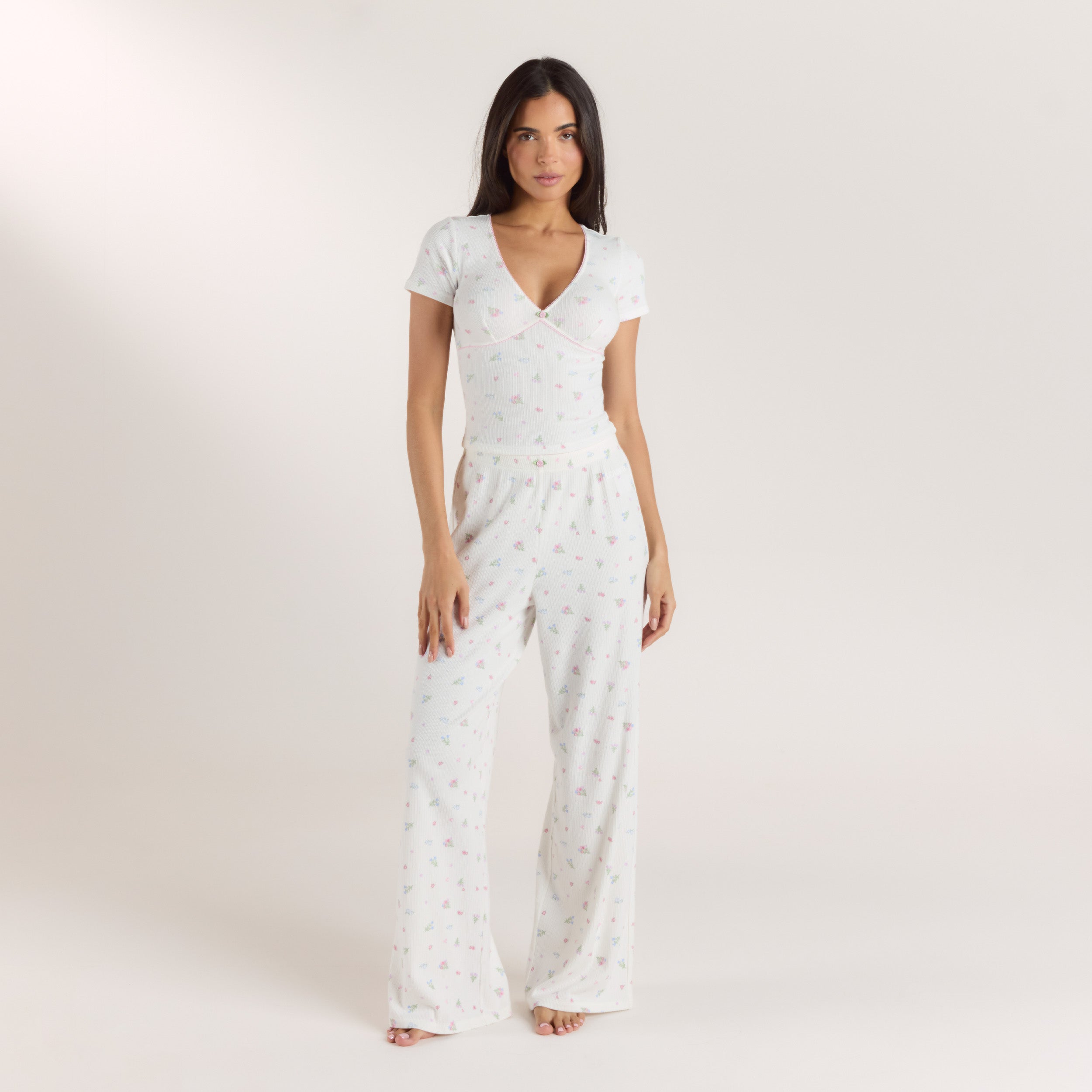 RIibbed Pyjama Top met korte mouwen | RIibbed Pyjama Top met korte mouwen - Witte Bloemenprint