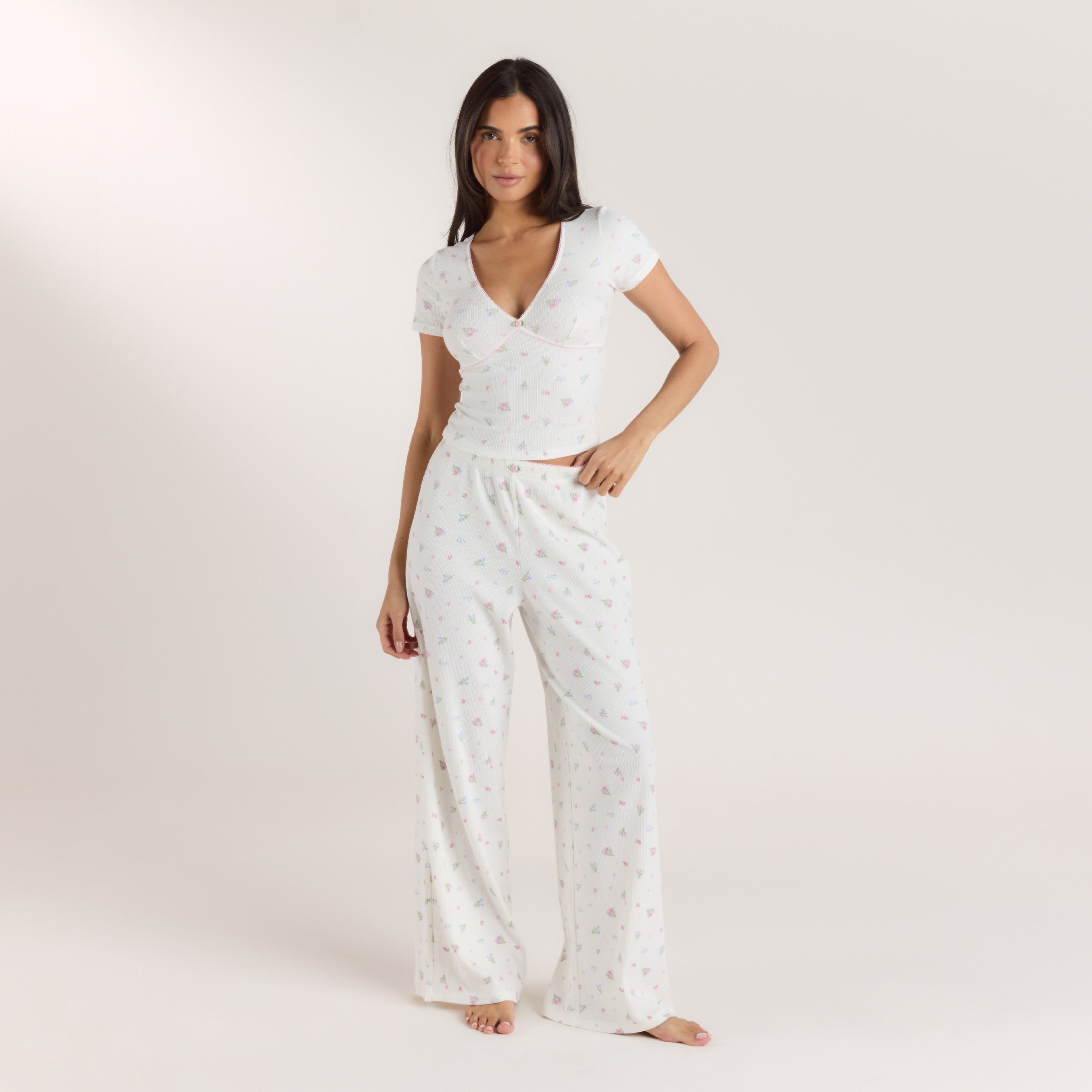Ribbed Pyjama Broek | Ribbed Pyjama Broek - Witte Bloemenprint