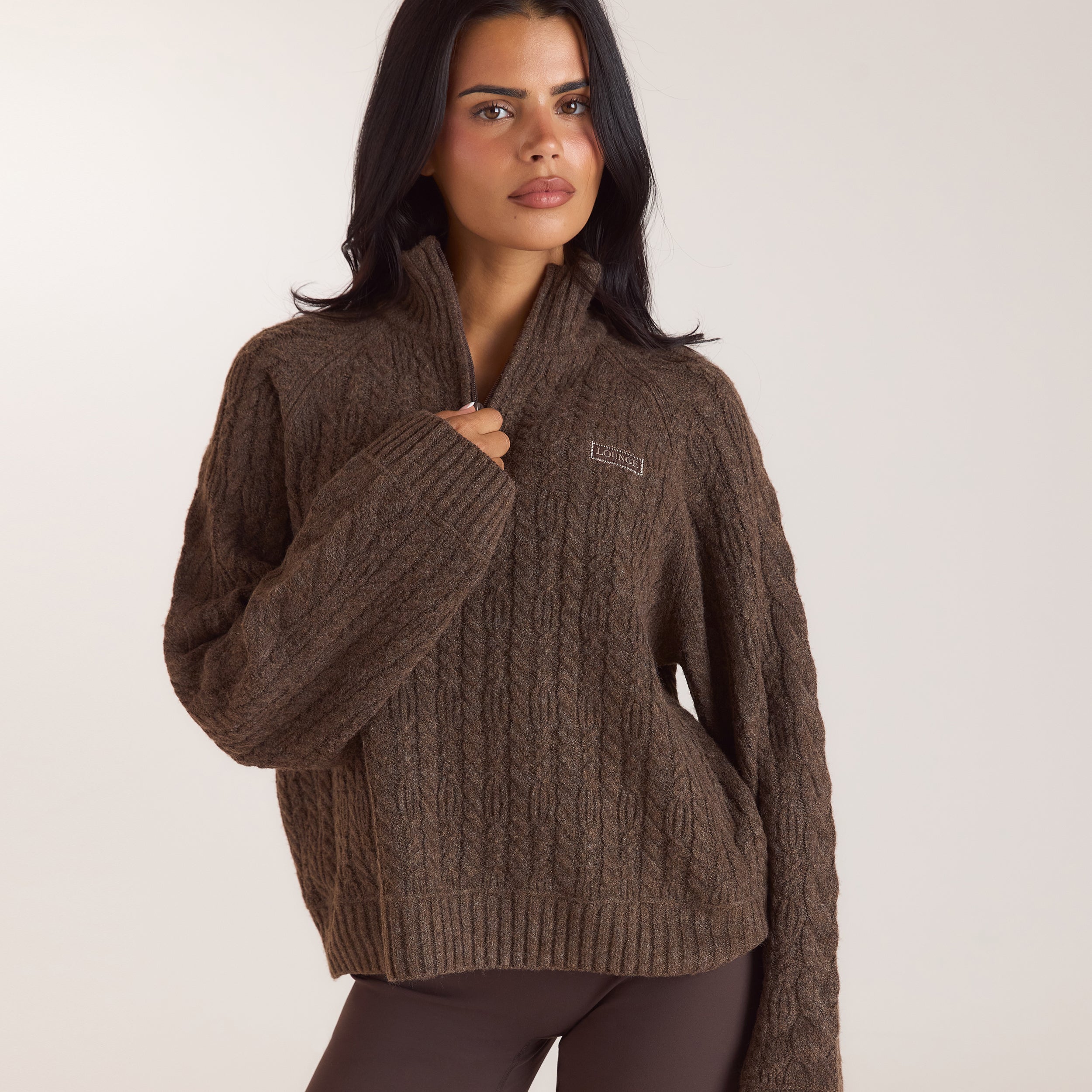 Jumper met gevlochten patroon en kwartrits | Jumper met gevlochten patroon en kwartrits - Taupe