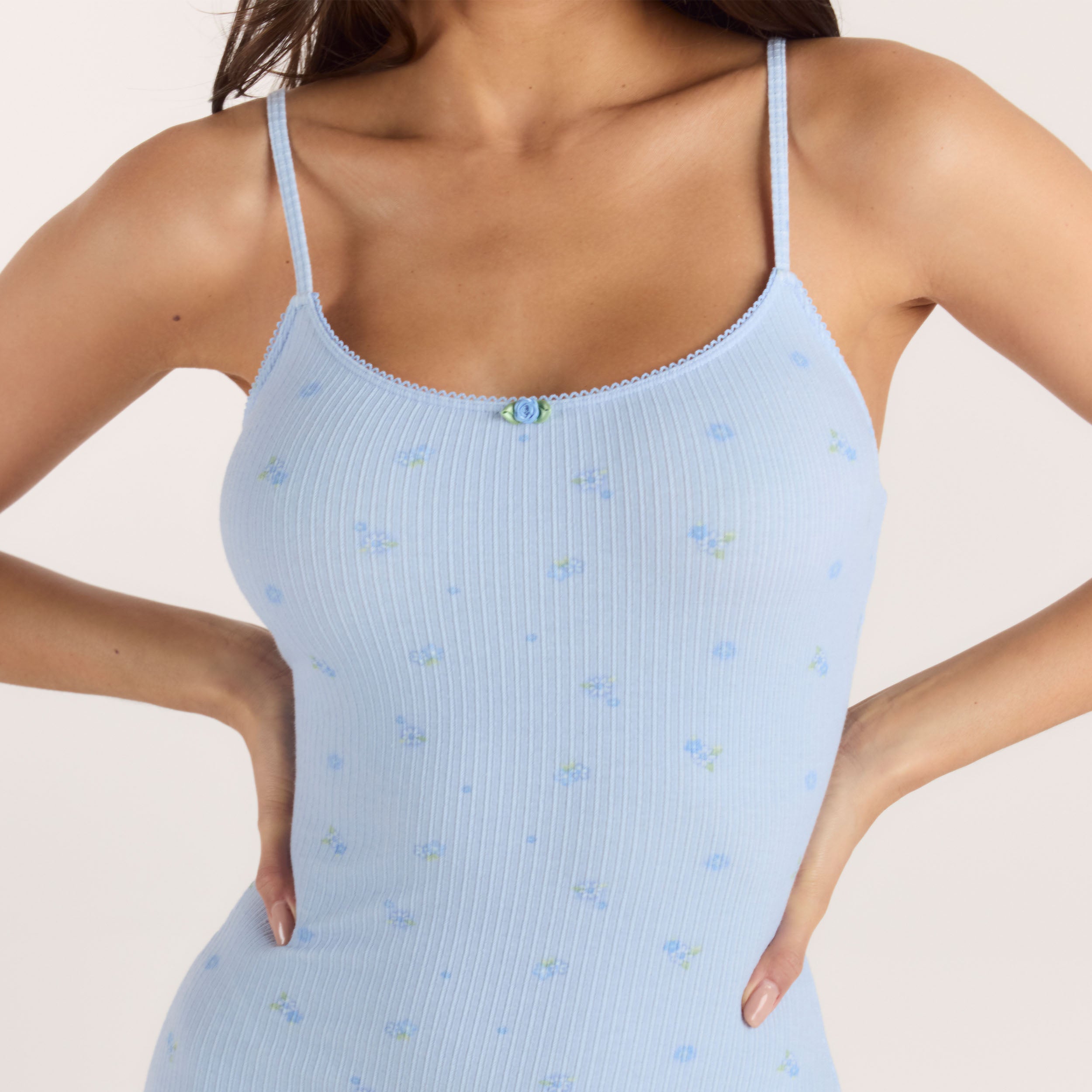 Ribbed Strappy Romper | Ribbed Strappy Romper - Blauwe Bloemenprint