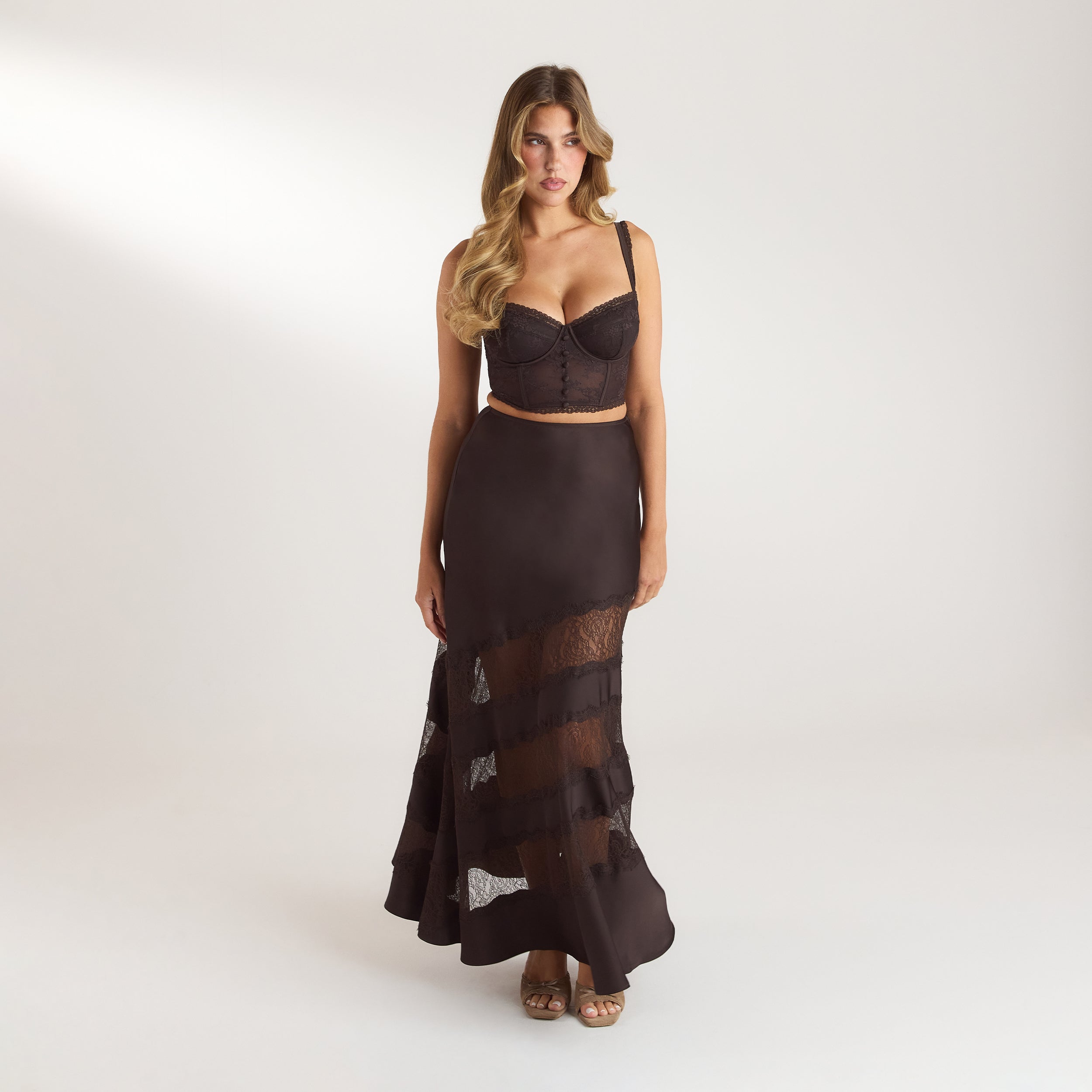 Lace Trim Maxi-rok | Lace Trim Maxi-rok - Chocolade