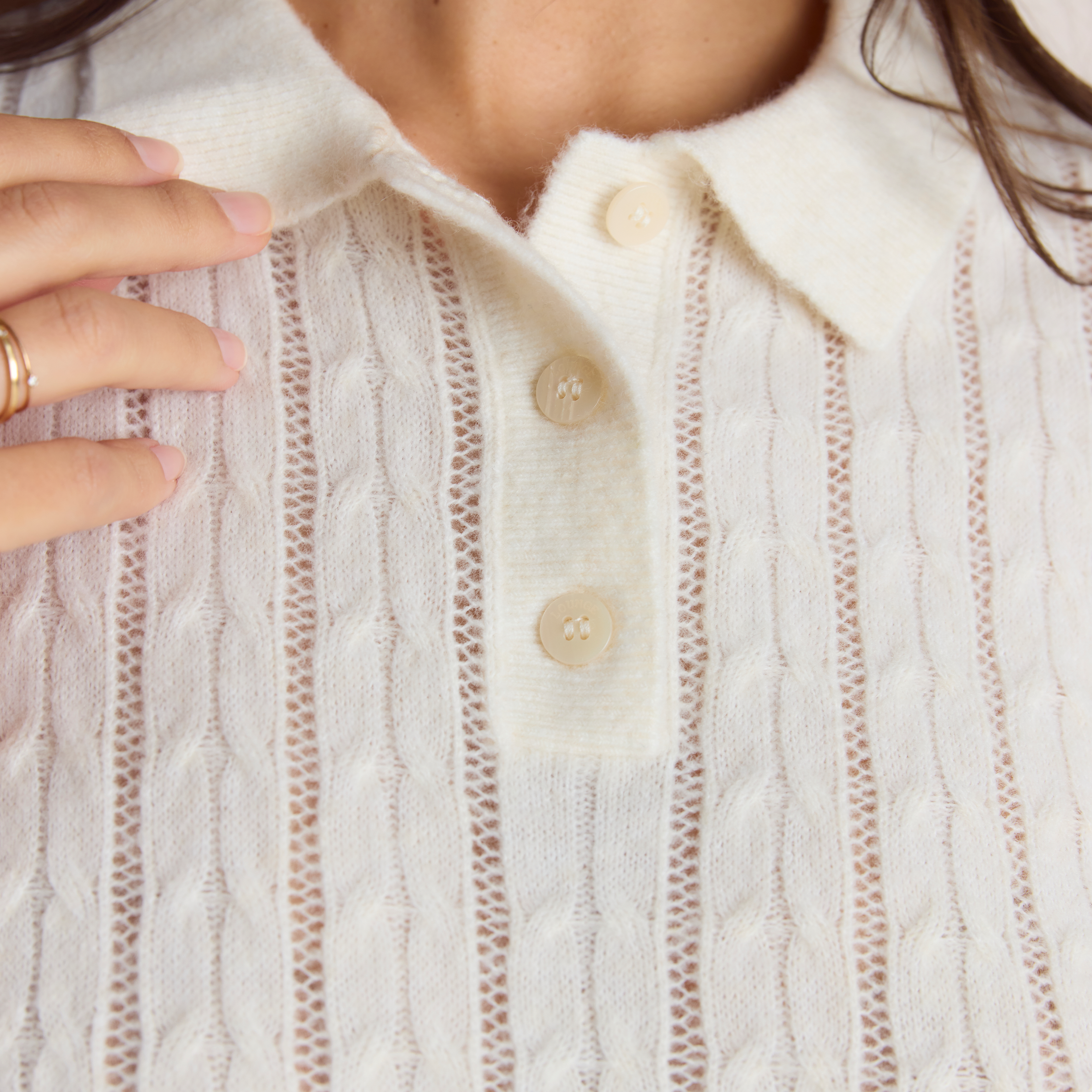 Sheer Gebreide Polo Top | Sheer Gebreide Polo Top - Crème