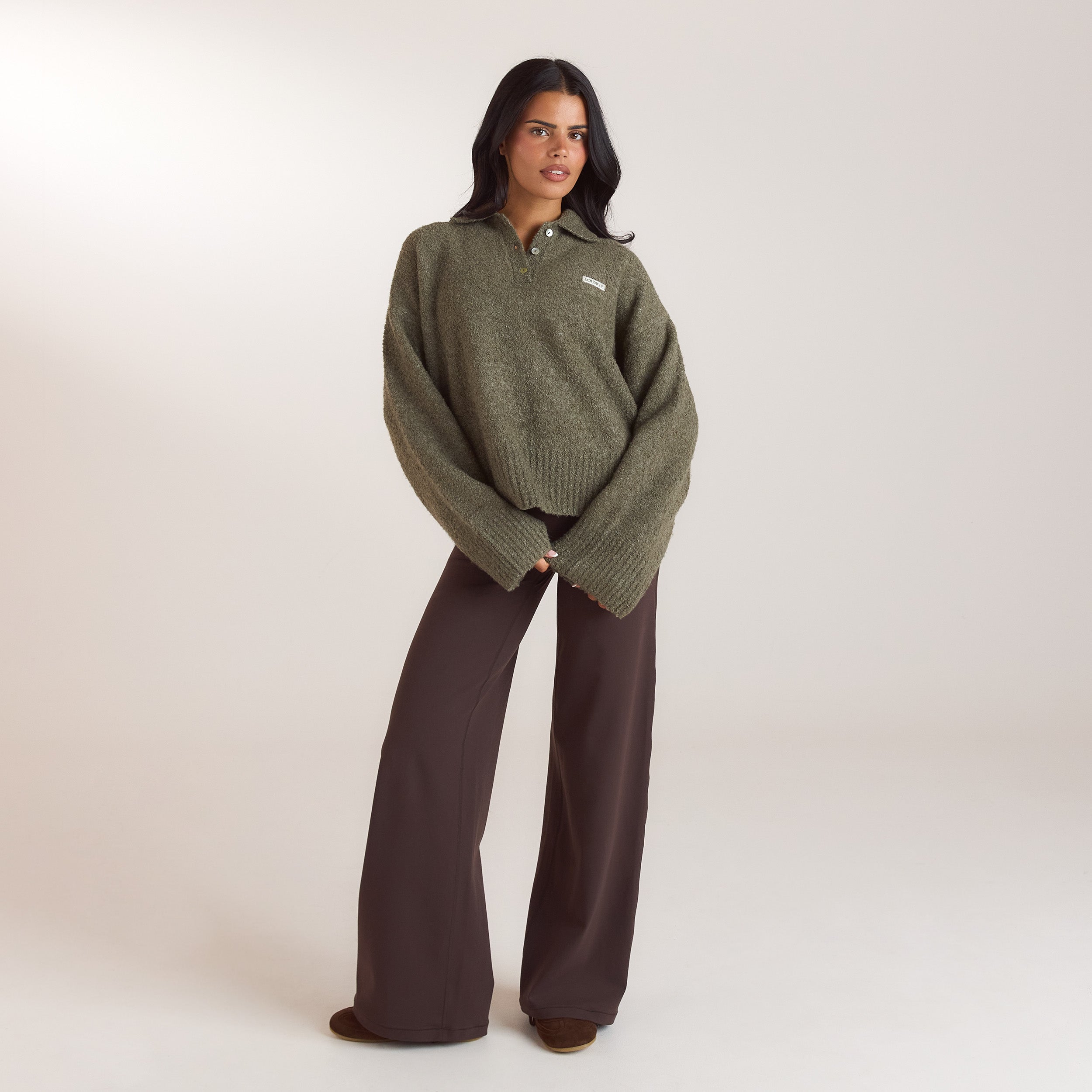 Bouclé-gebreide polo jumper | Bouclé-gebreide polo jumper - Kaki