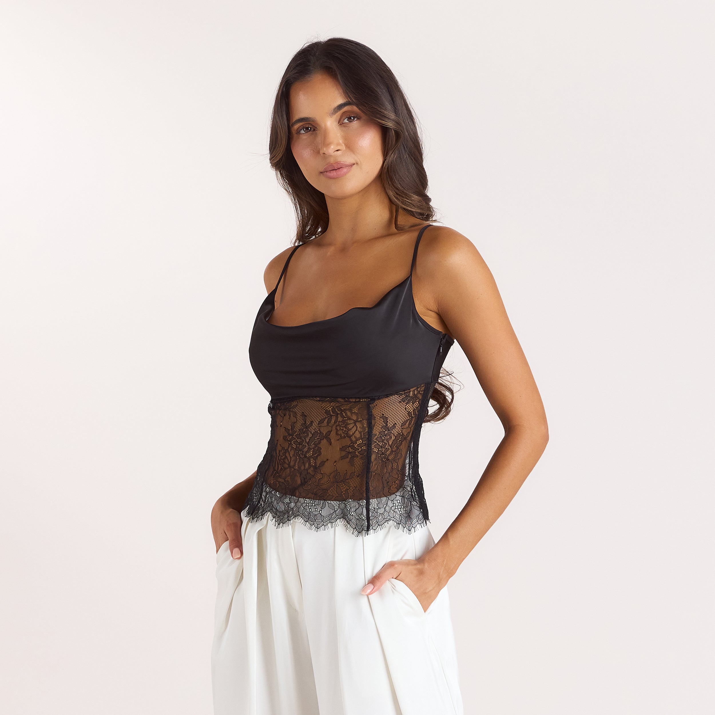 Satijnen Cami Top met Col | Satijnen Cami Top met Col - Zwart