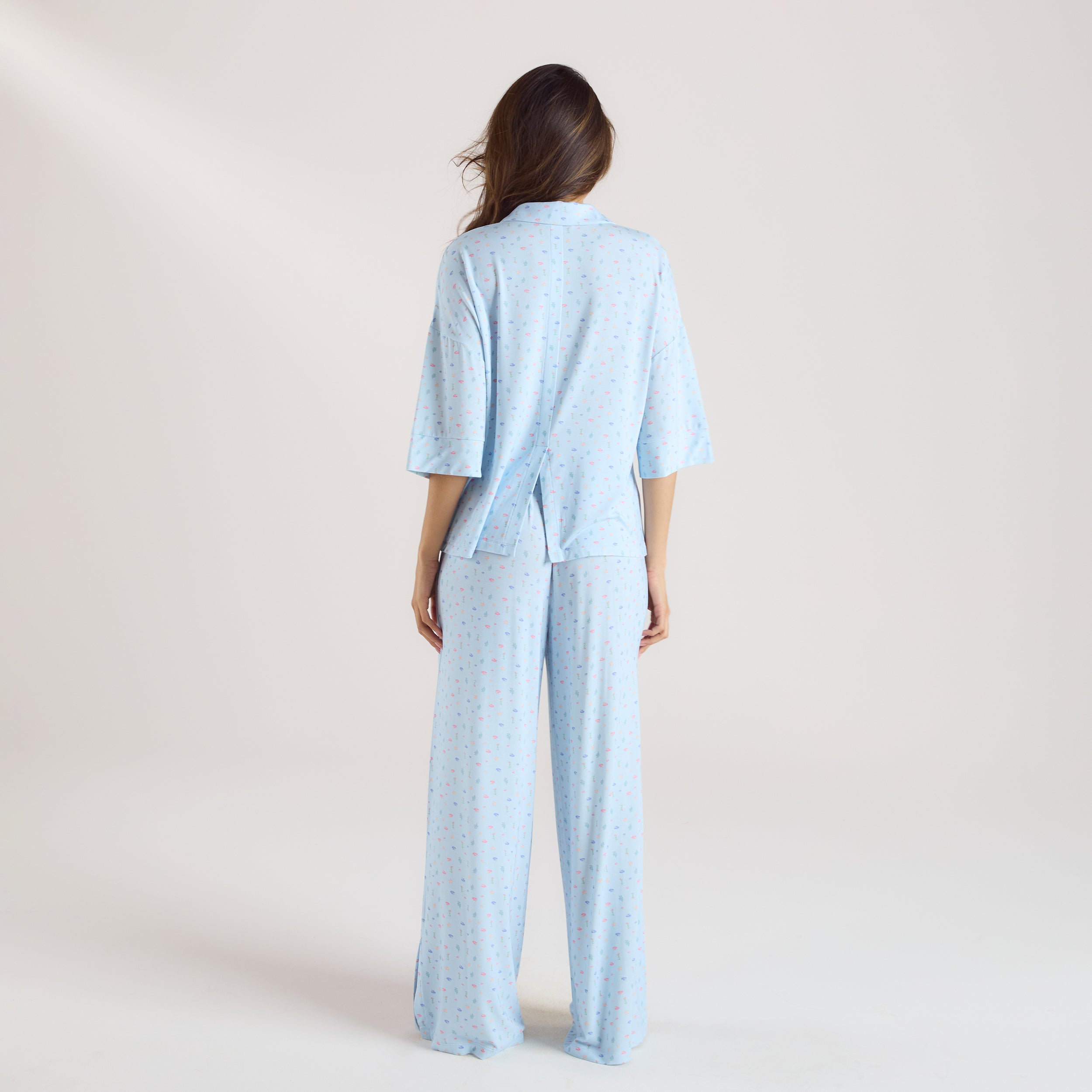 Modal Pyjamashirt met Korte Mouwen | Modal Pyjamashirt met Korte Mouwen - Blauwe Bloemenprint