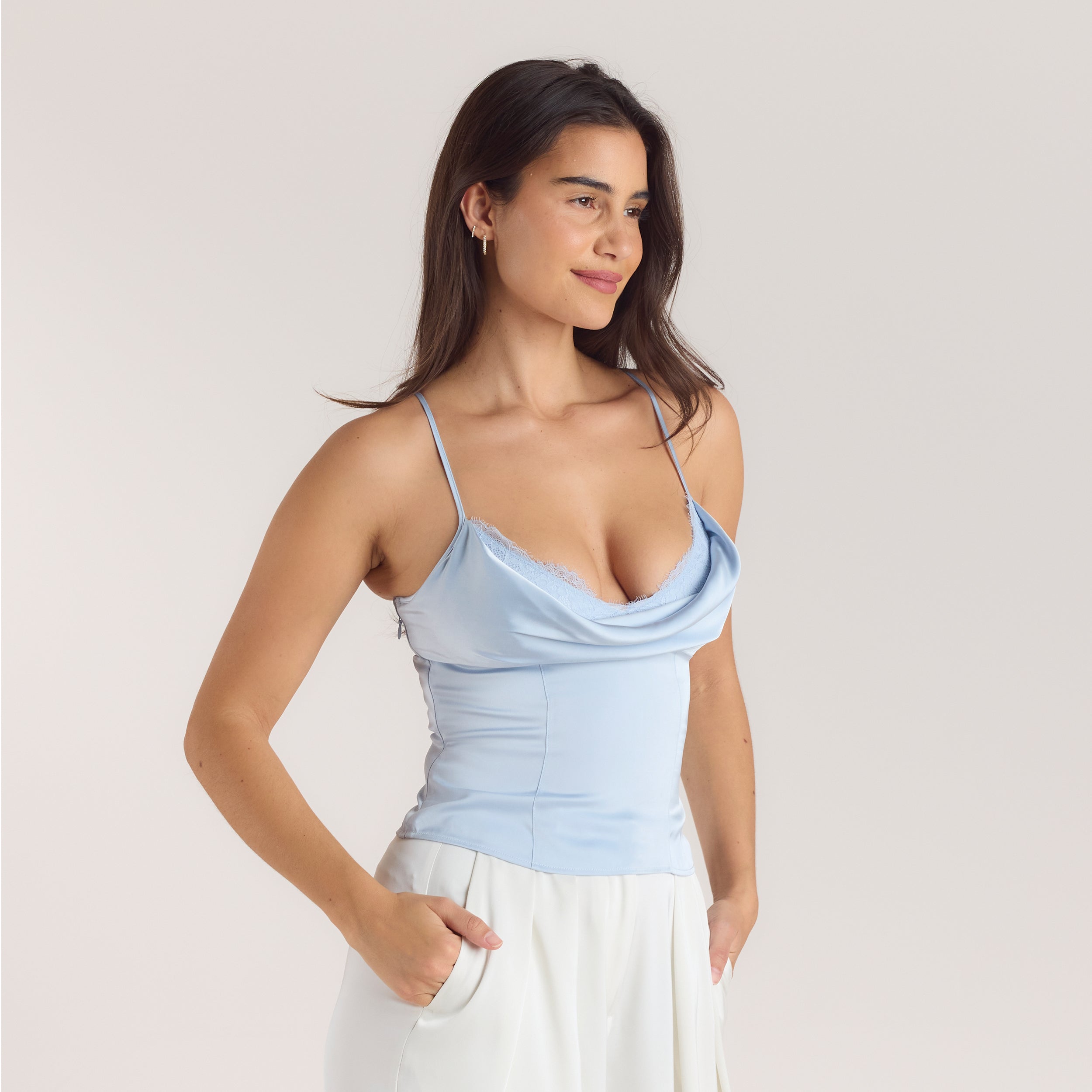 Satijnen Cowl Neck Cami Top | Satijnen Cowl Neck Cami Top - Blauw