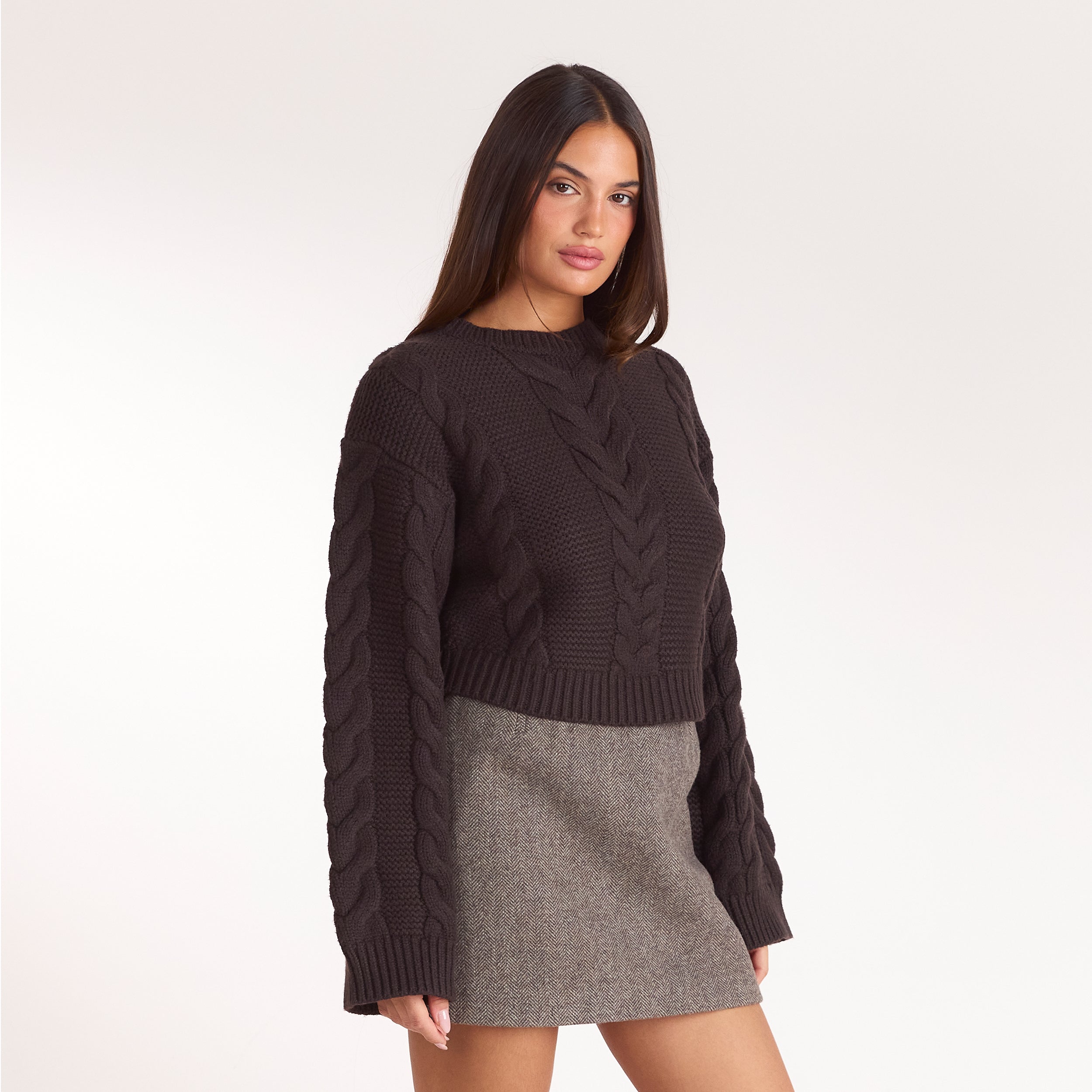 Cropped jumper met kabelsteek | Cropped jumper met kabelsteek - Donker Chocoladekleurig