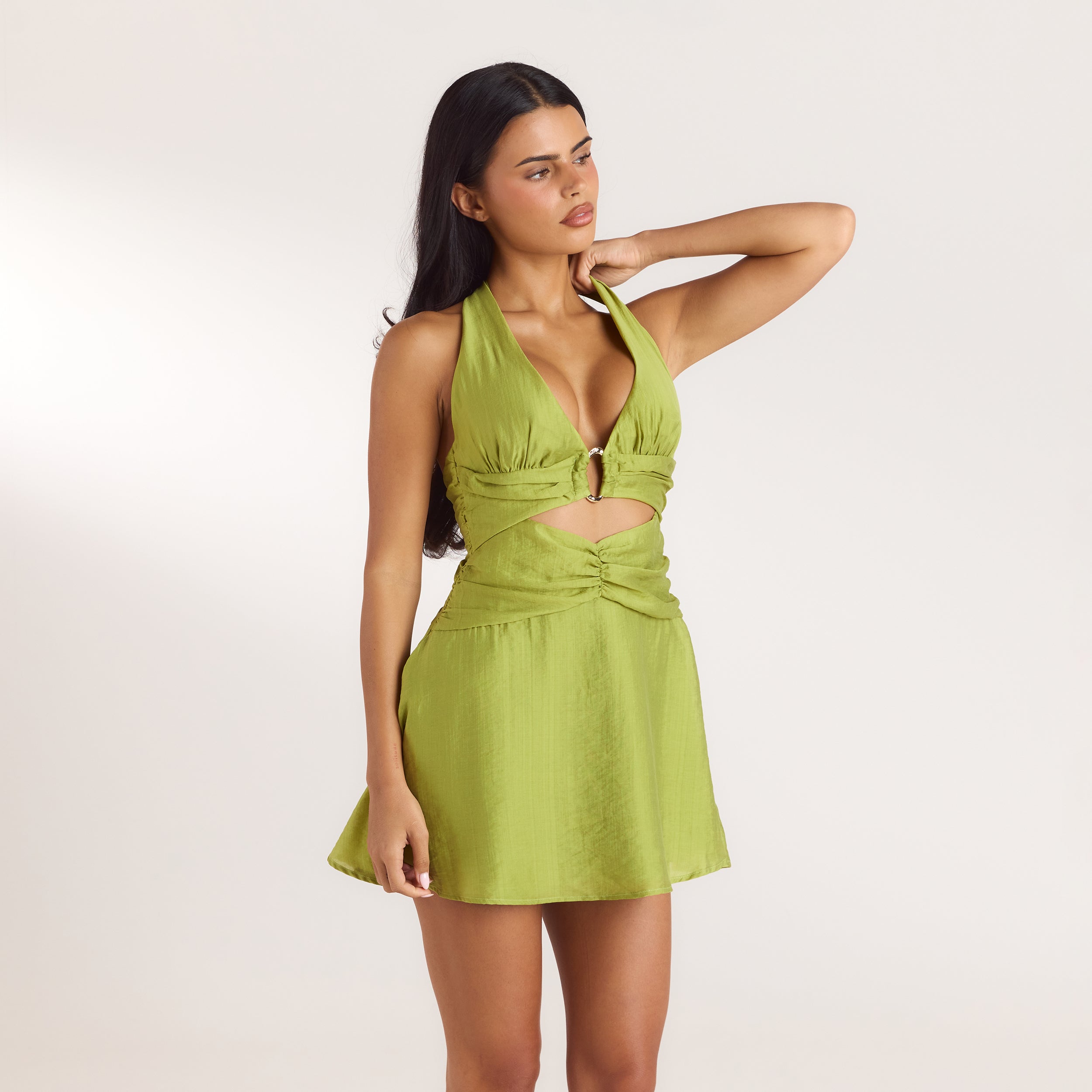 Mini-jurk van Tencel met ruches | Mini-jurk van Tencel met ruches - Limoengroen